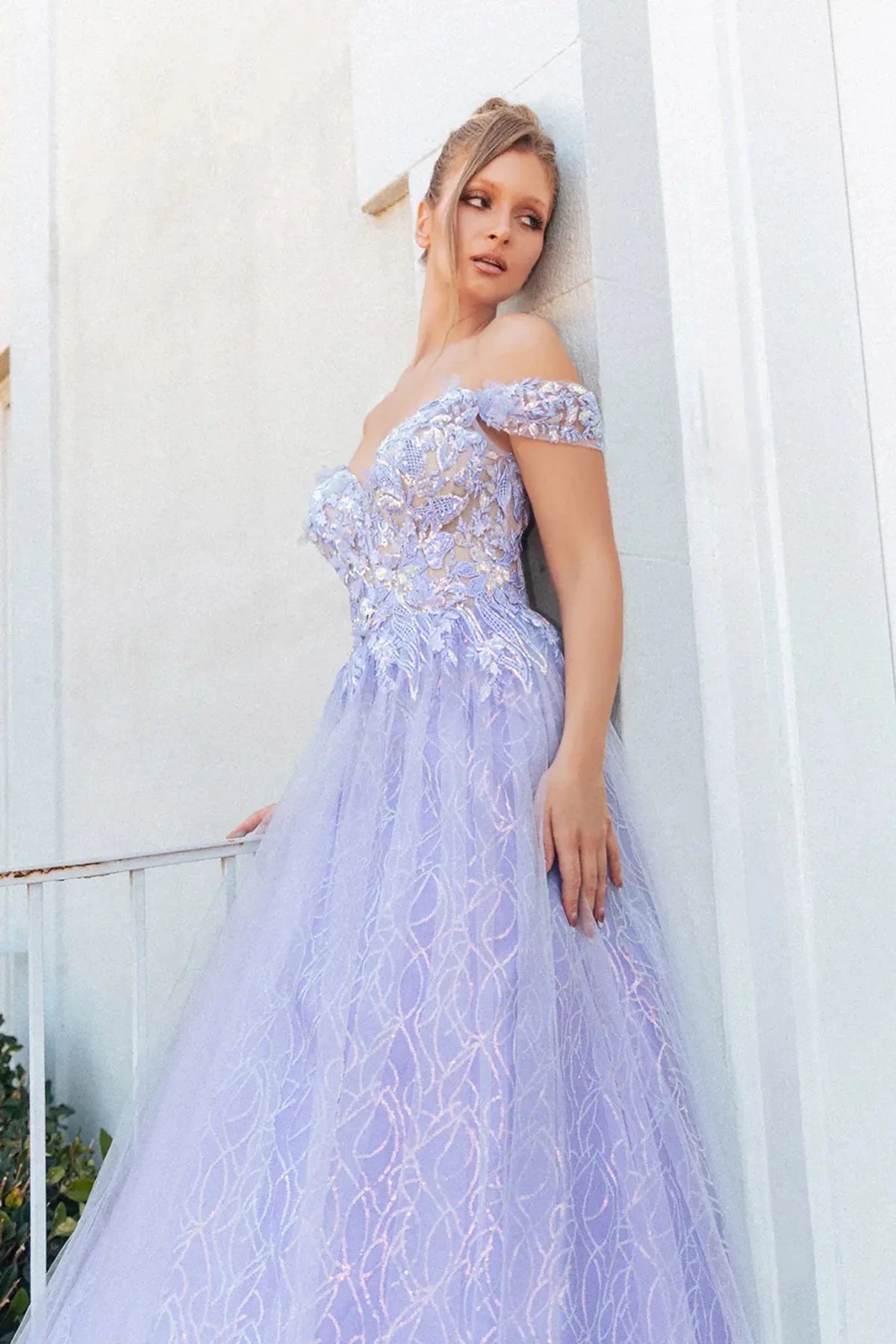 Lilac prom evening dress mesh train detail