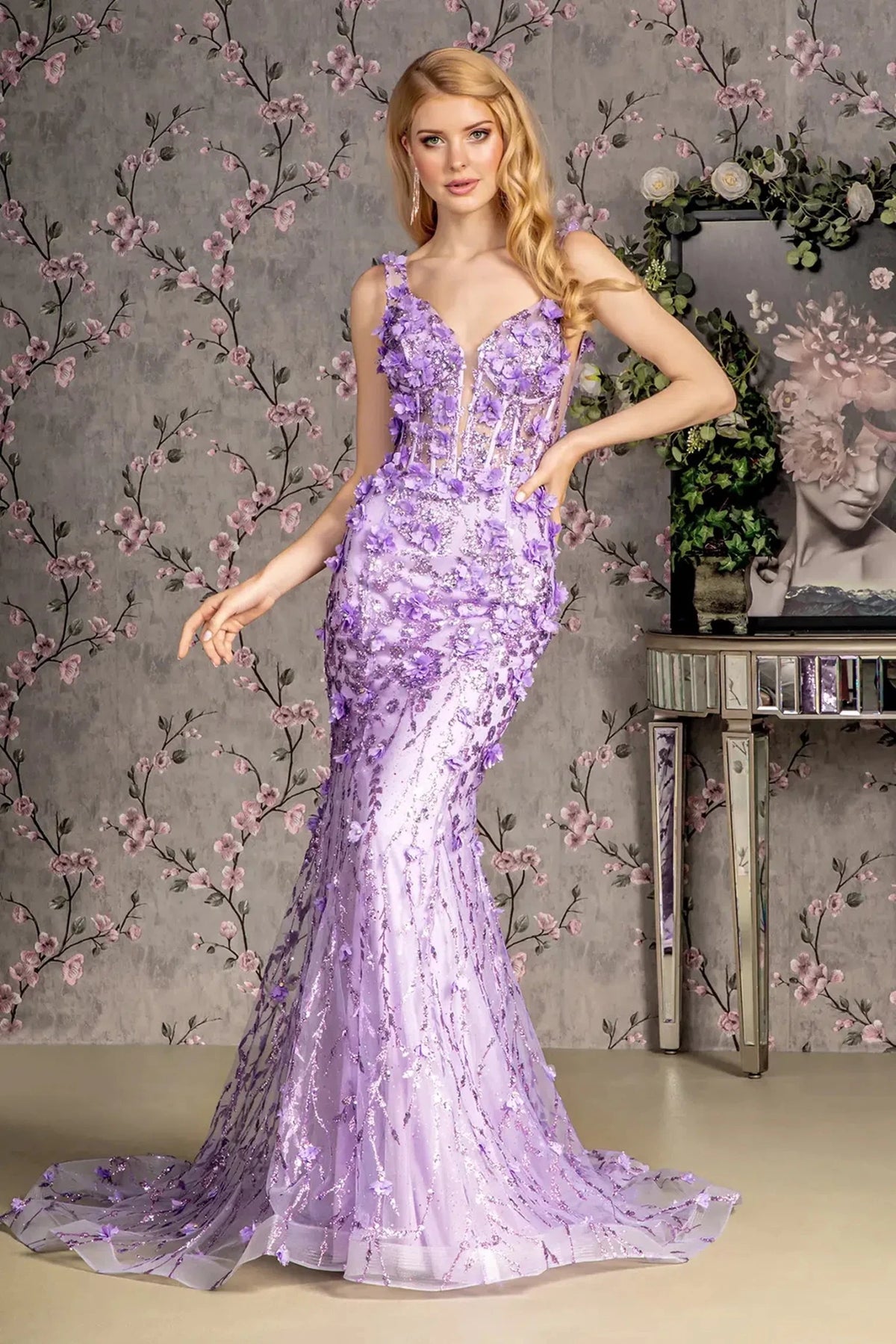 Lilac appliqué prom evening dress full front