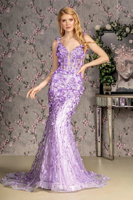 Full-length front view shows appliqué styling on the Lilac prom evening dress.