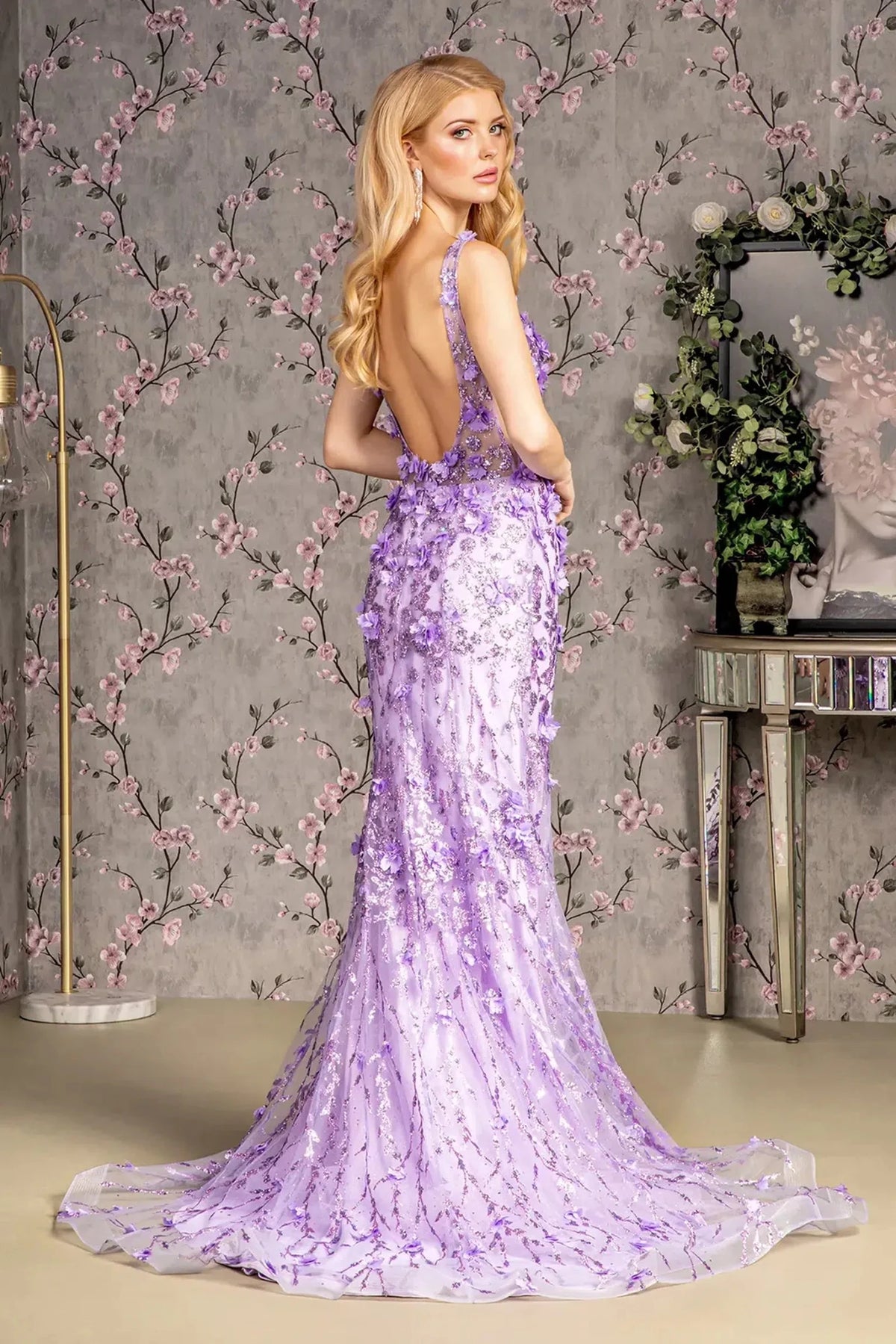 Lilac prom evening dress full back with open back