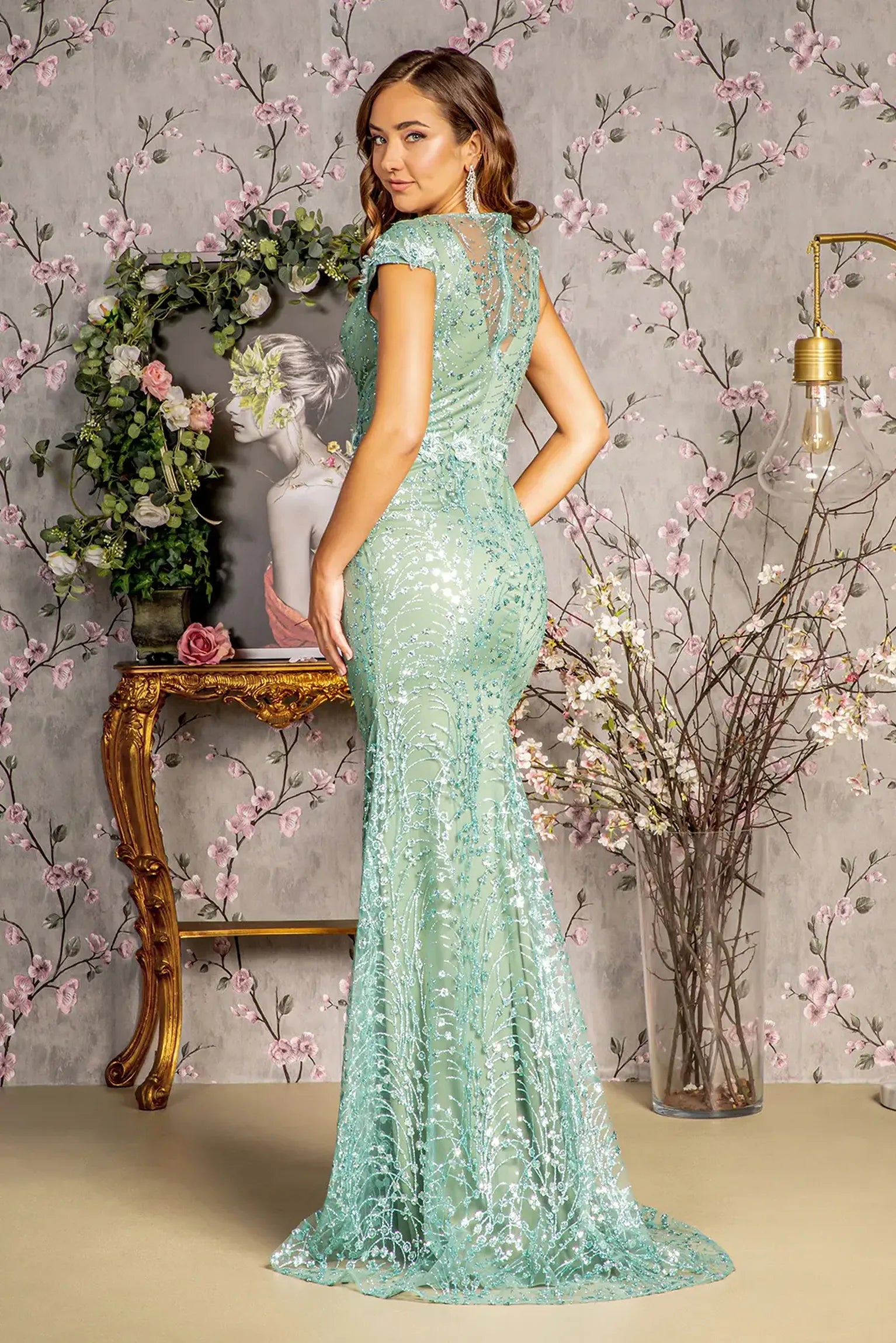 Sage mermaid mother of the bride dress with v-back with concealed zipper and cap sleeve