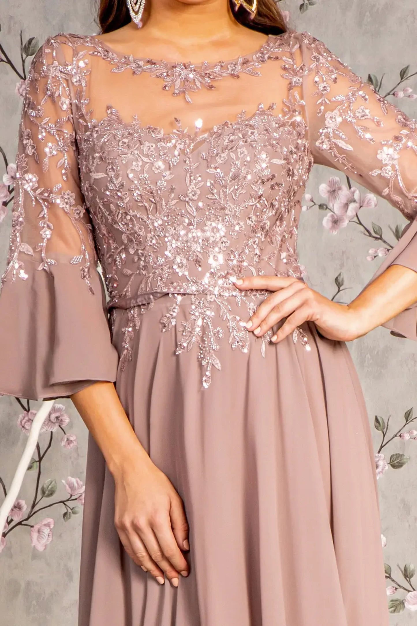 Mauve mother of the bride dress featuring boat-neck bodice with 3/4 sleeve and beads, embroidery, sequin