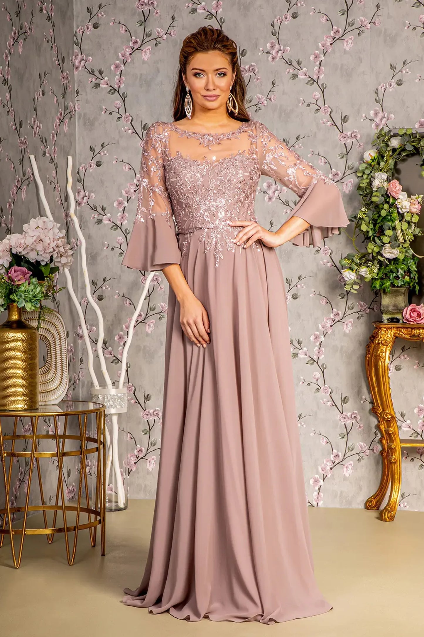 Mauve chiffon a-line mother of the bride dress with boat-neck