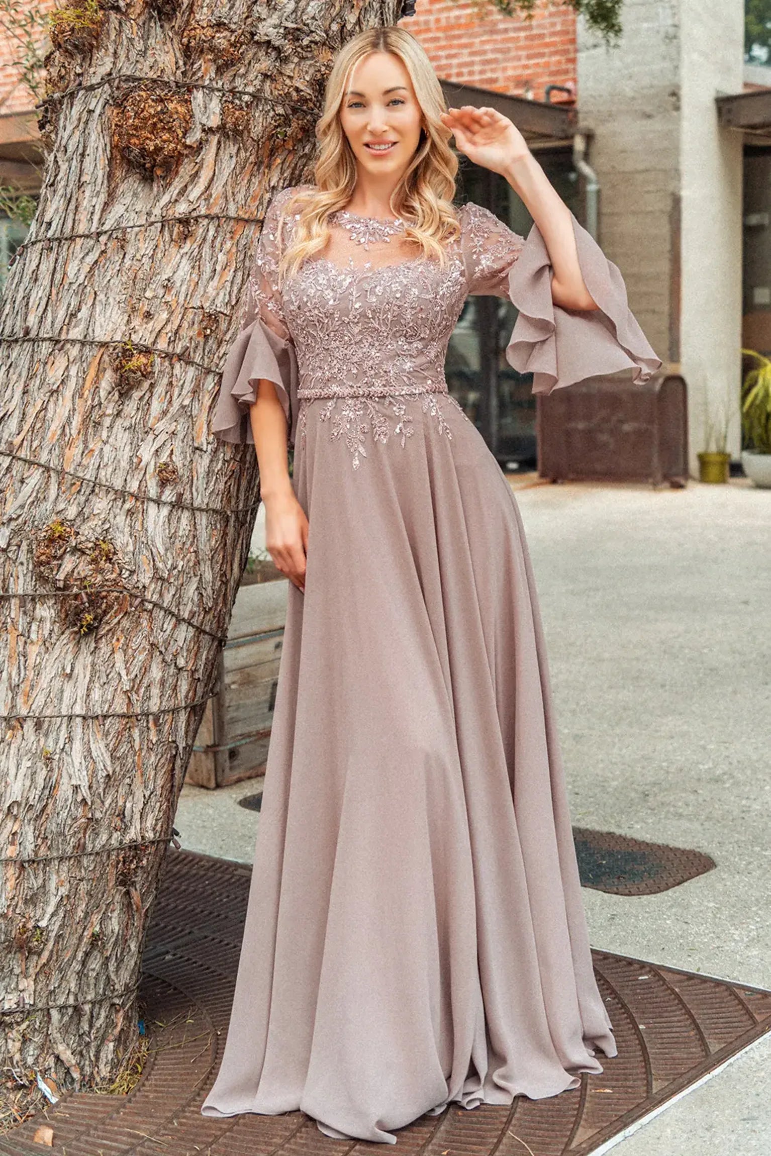 Mauve mother of the bride dress featuring concealed zipper back bodice finished with beads, embroidery, sequin