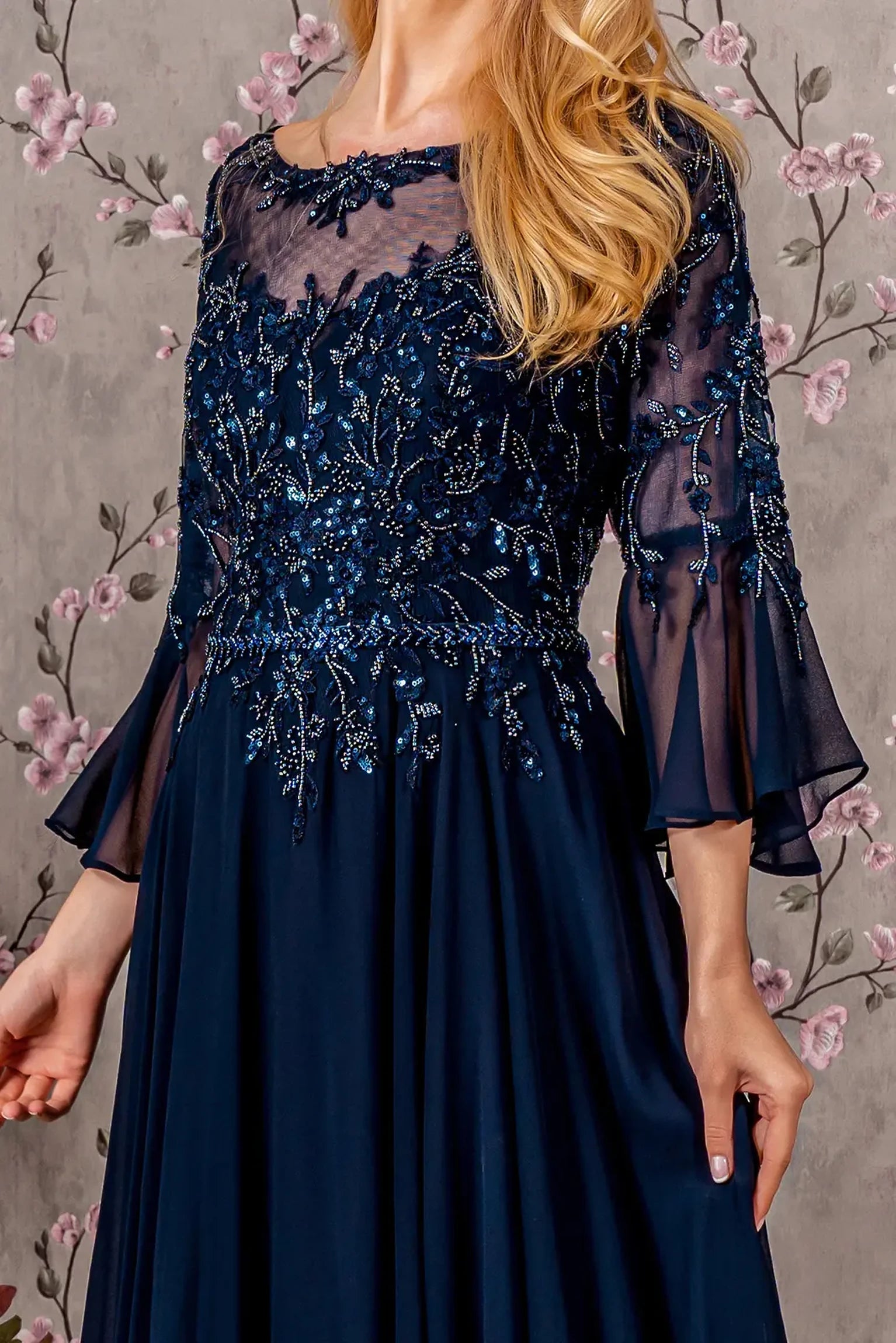 Navy mother of the bride dress featuring boat-neck bodice with 3/4 sleeve and beads, embroidery, sequin