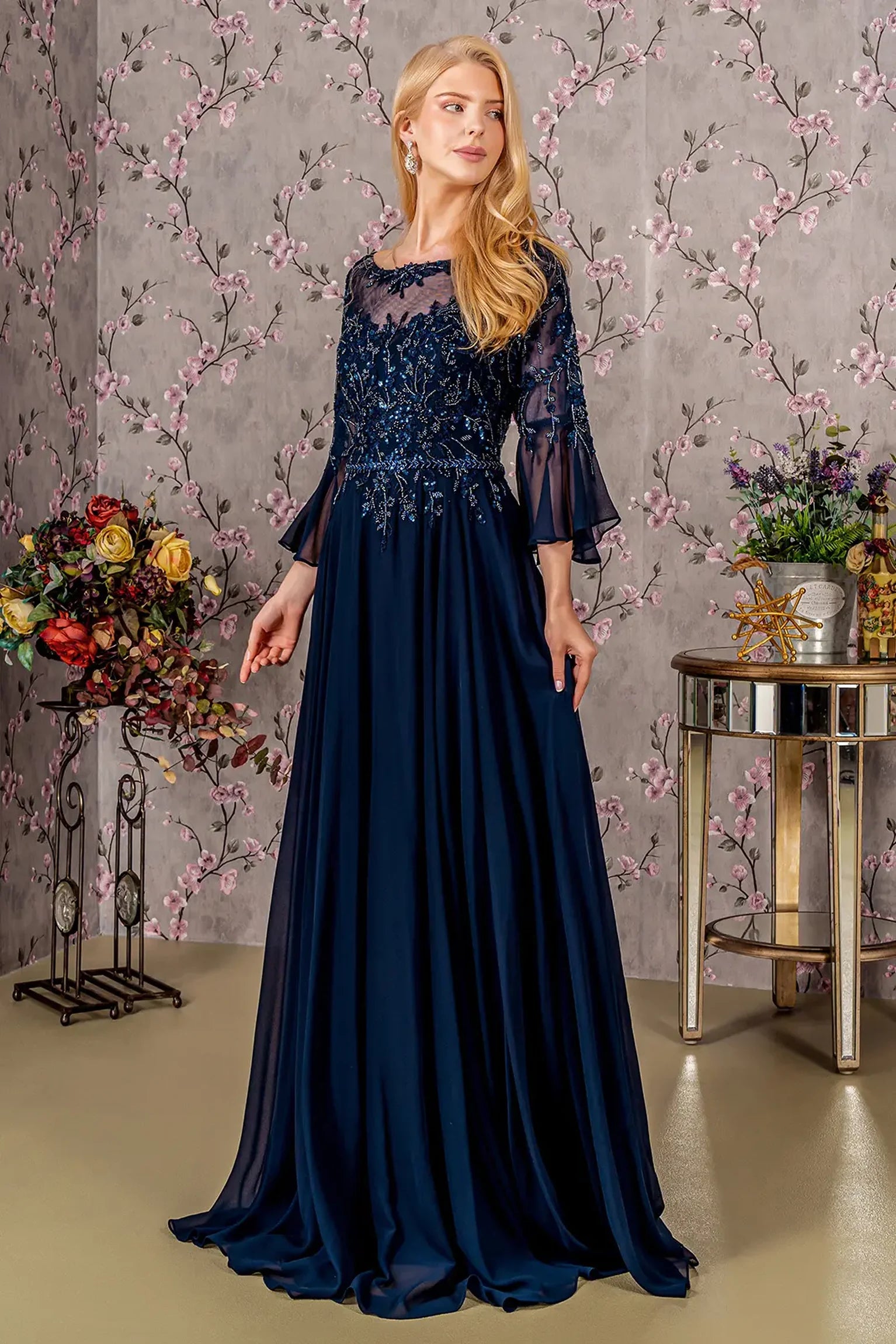 Navy chiffon a-line mother of the bride dress with boat-neck