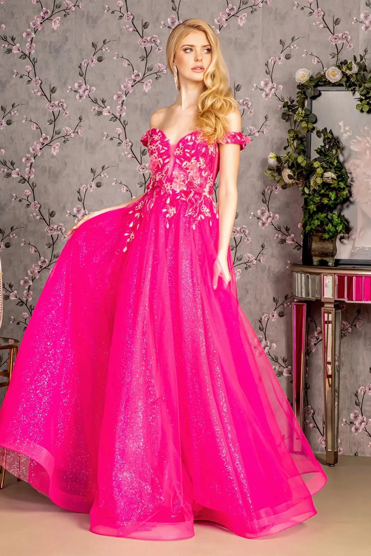 Fuchsia appliqué off-shoulder prom evening dress full front