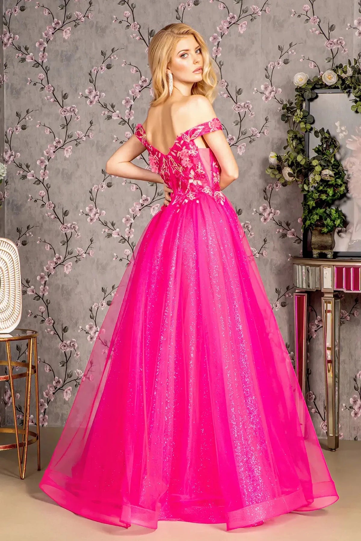 Fuchsia prom evening dress full back with open back