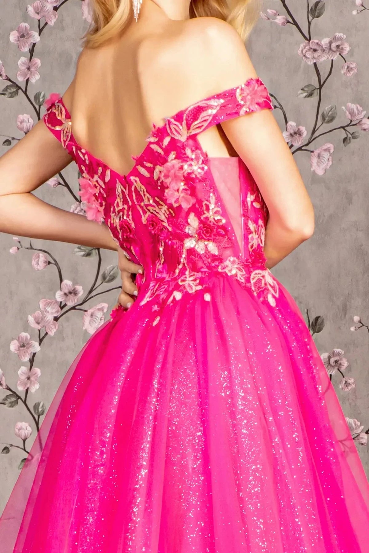 Fuchsia illusion sweetheart prom evening dress upper front with applique, embroidery, glitter, sequin