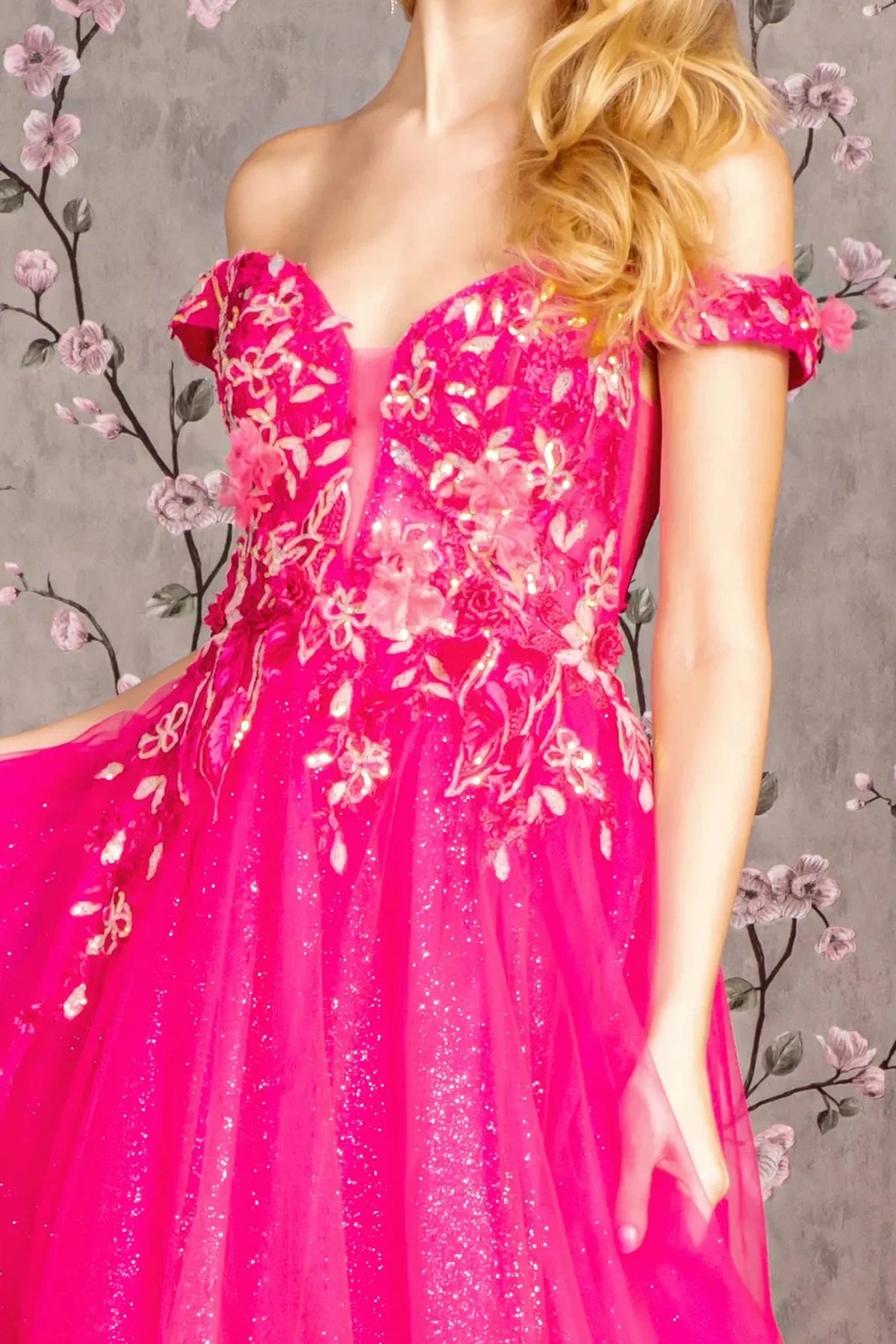Fuchsia prom evening dress a-line skirt detail
