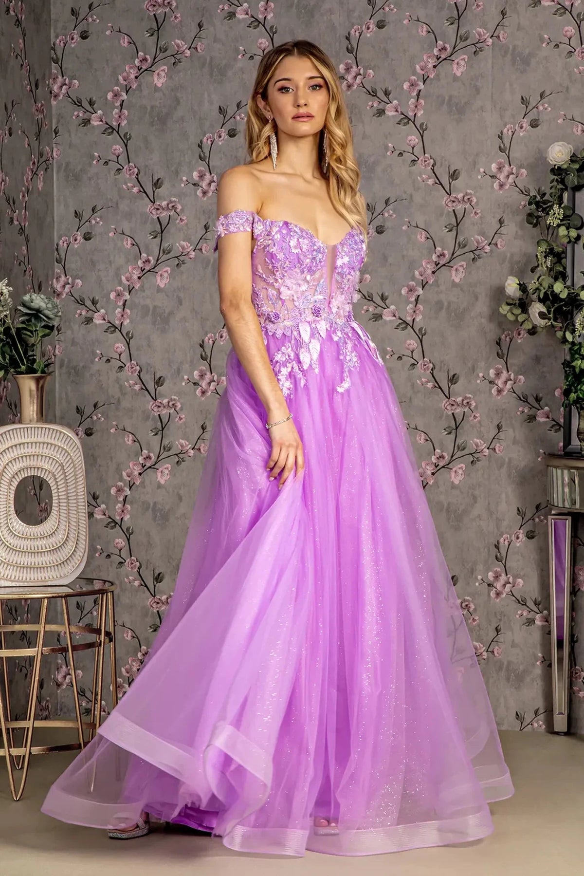Lilac appliqué off-shoulder prom evening dress full front