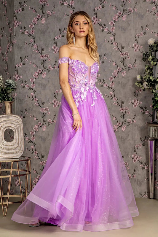 Full-length front view shows appliqué off-shoulder styling on the Lilac prom evening dress.