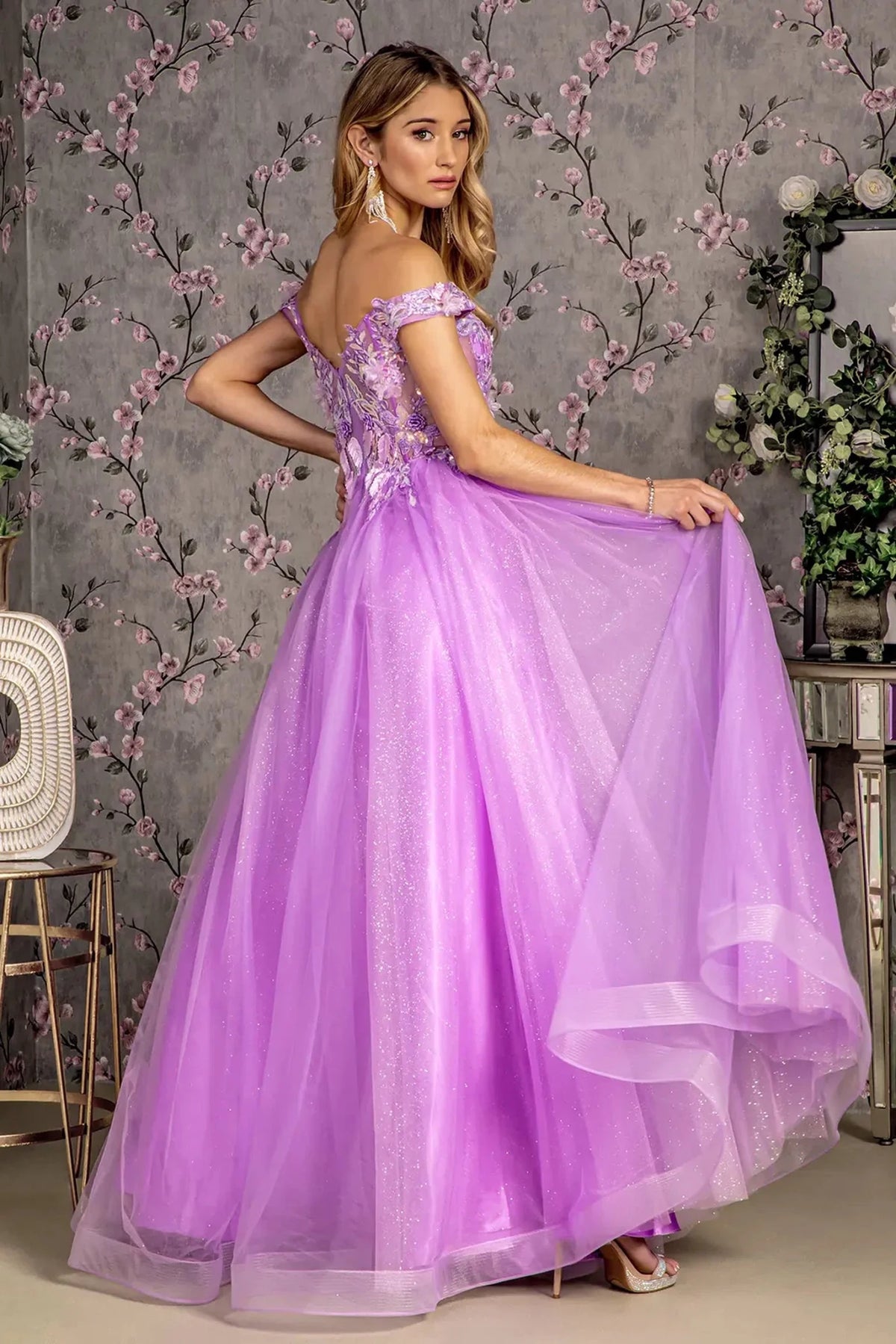 Lilac prom evening dress full back with open back