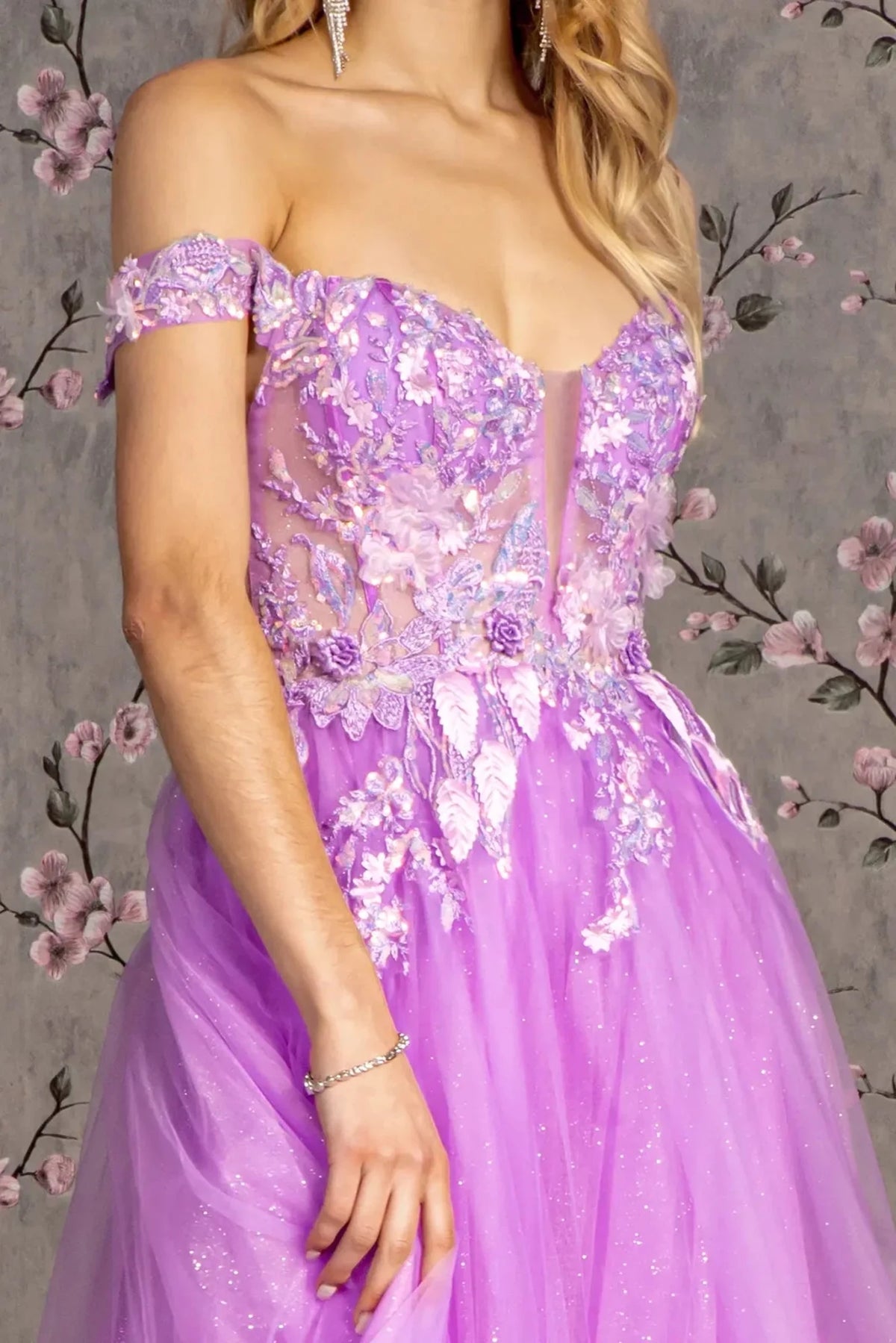 Lilac illusion sweetheart prom evening dress upper front with applique, embroidery, glitter, sequin