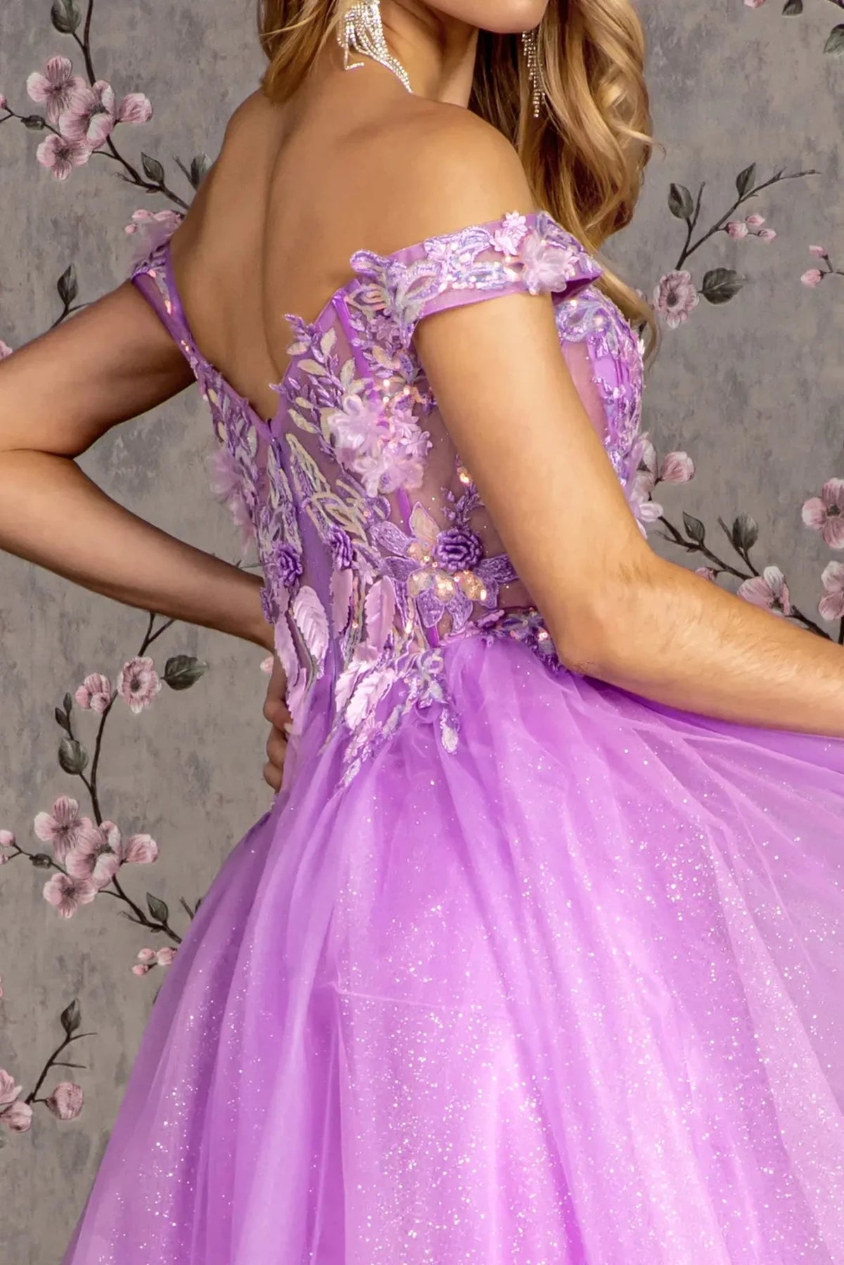 Lilac prom evening dress a-line skirt detail
