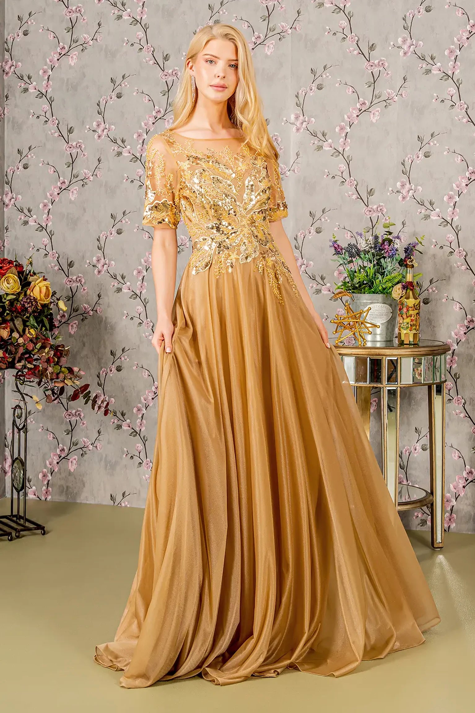 Gold glitter crepe a-line mother of the bride dress with boat-neck