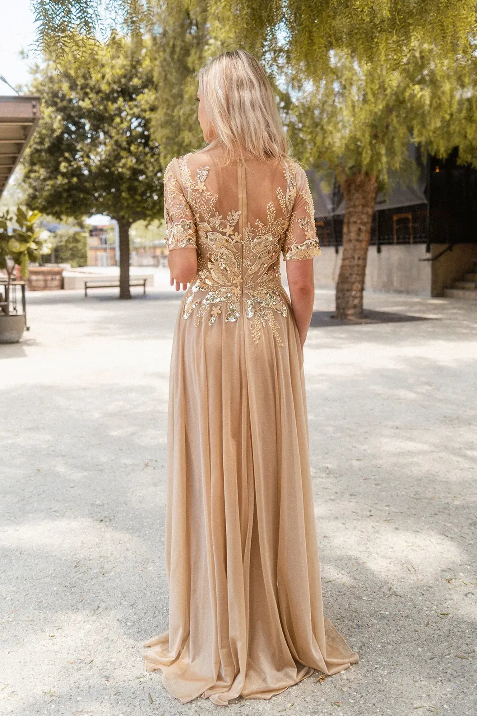 Gold a-line mother of the bride dress with concealed zipper back and short sleeve