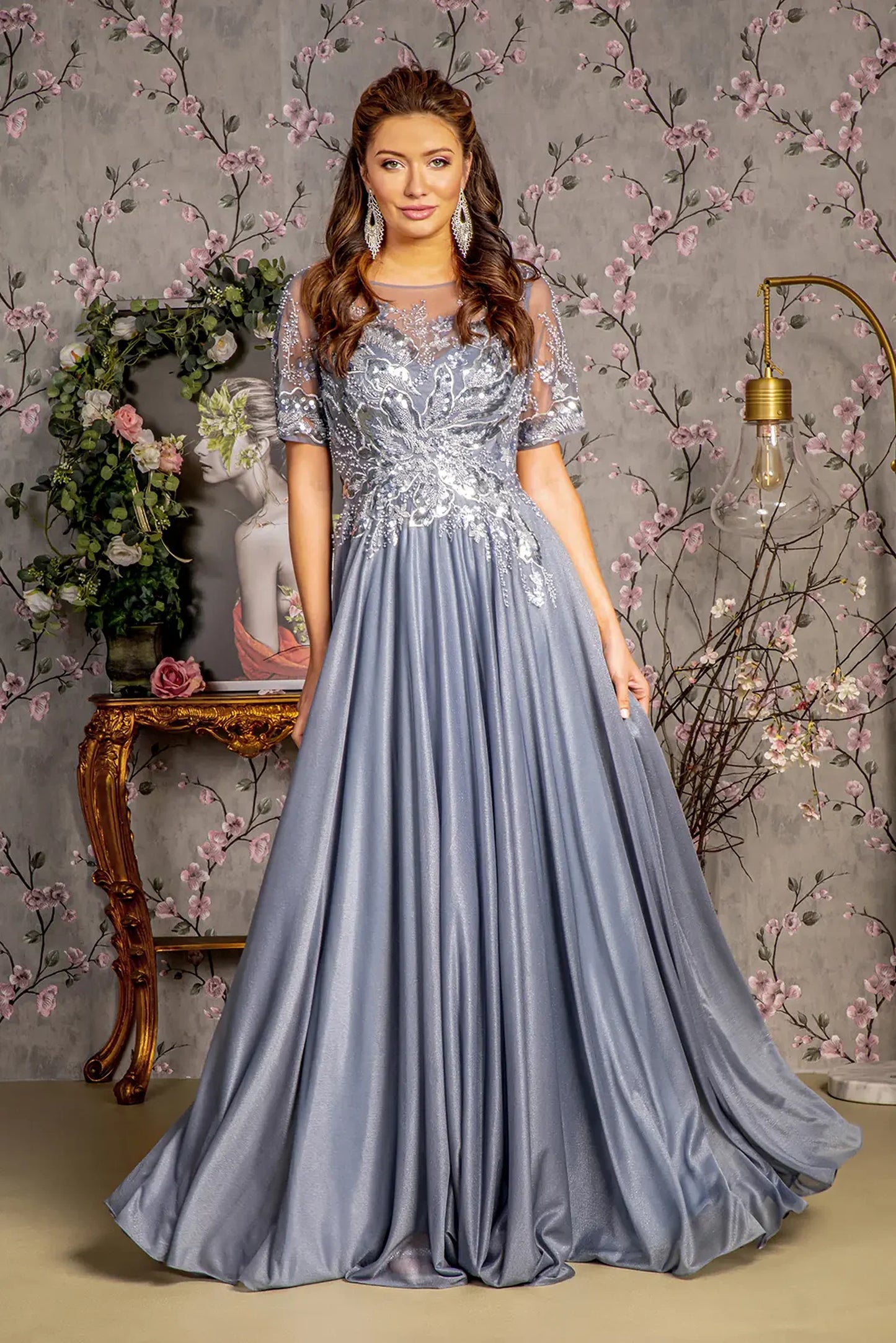Silver glitter crepe a-line mother of the bride dress with boat-neck