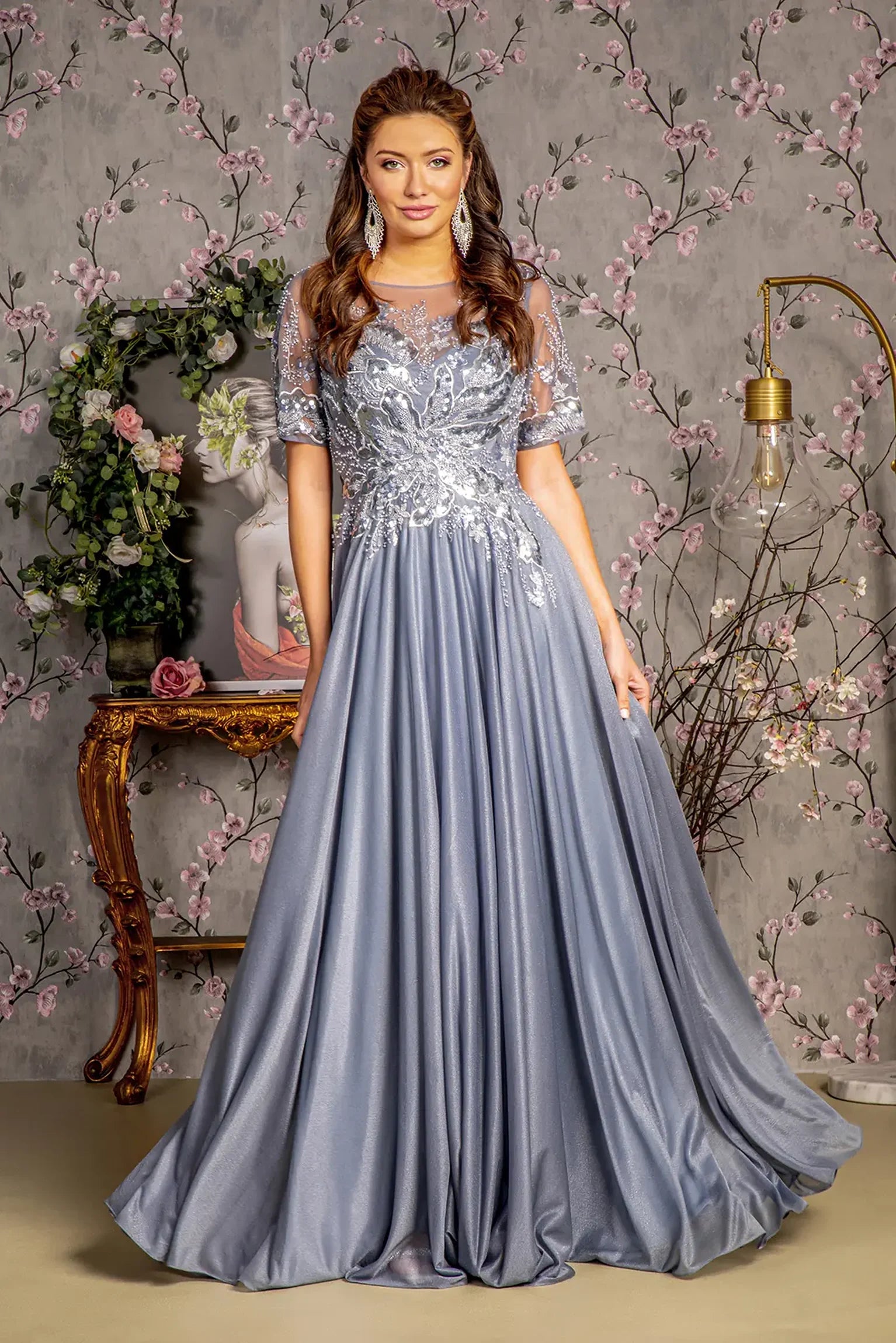Silver glitter crepe a-line mother of the bride dress with boat-neck