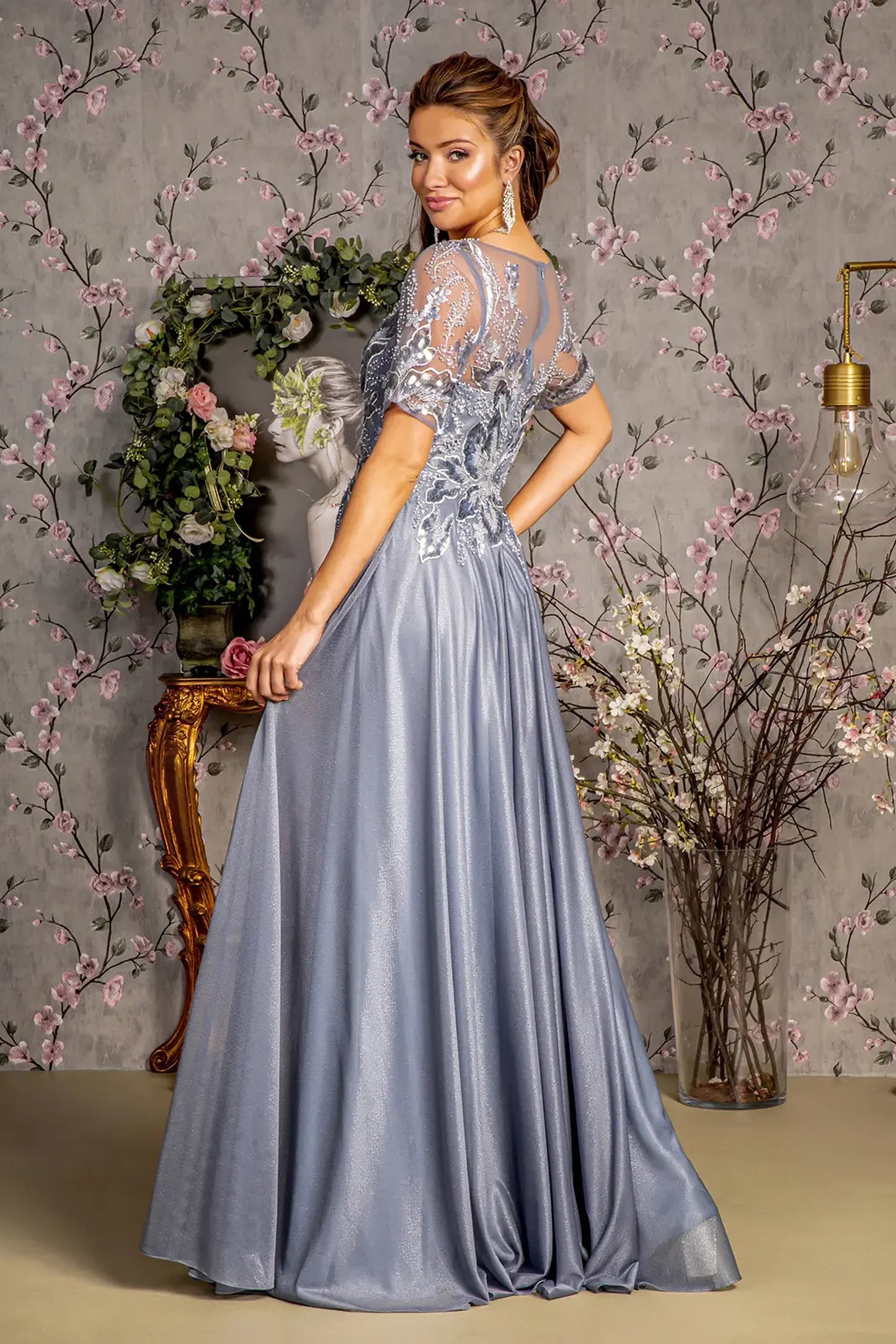 Silver a-line mother of the bride dress with concealed zipper back and short sleeve