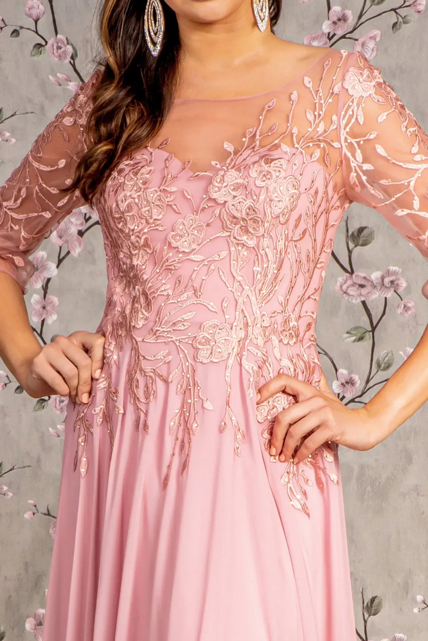 Dusty Rose a-line mother of the bride dress with v-back with concealed zipper and 3/4 sleeve