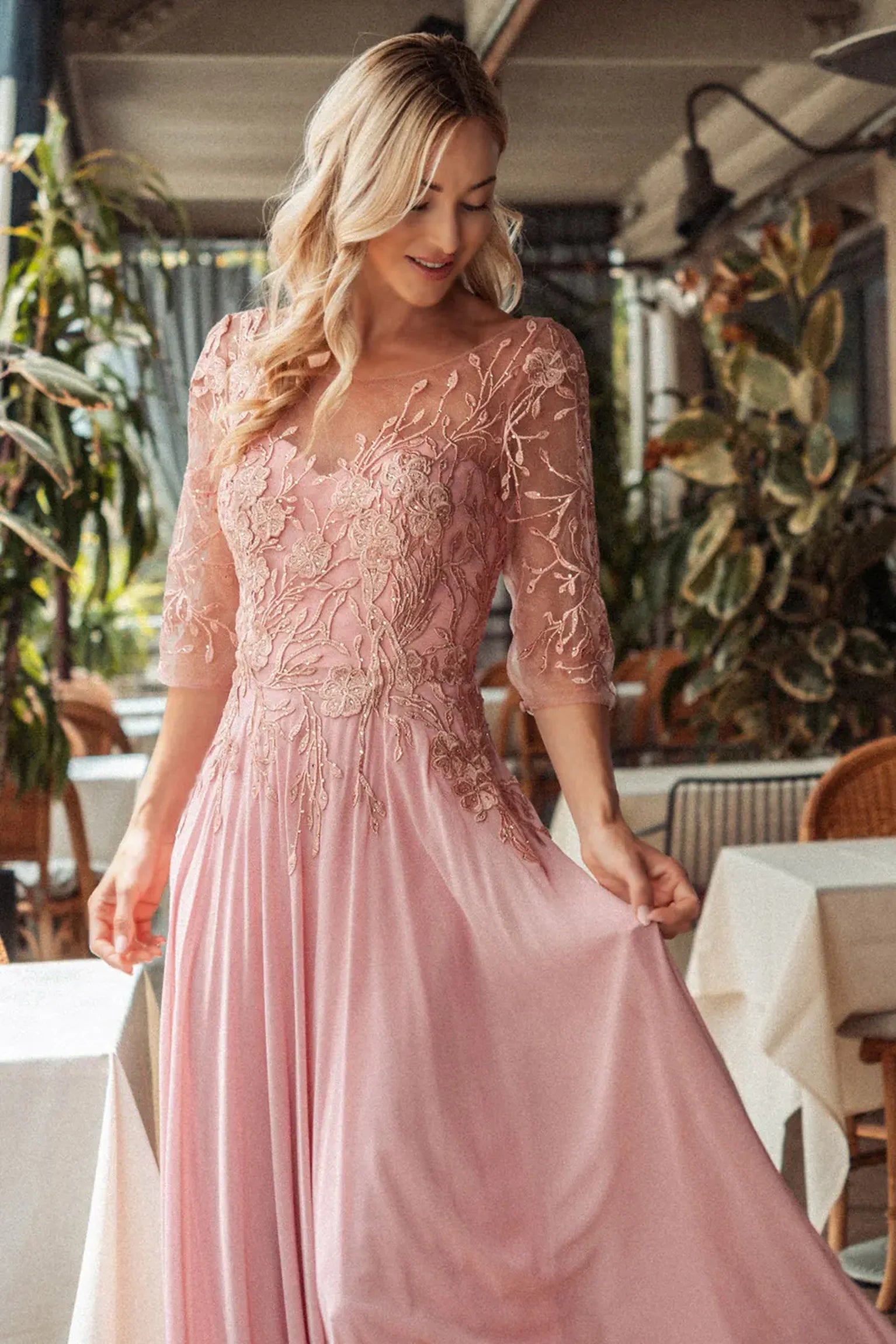 Dusty Rose mother of the bride dress featuring boat-neck bodice with 3/4 sleeve and beads, embroidery