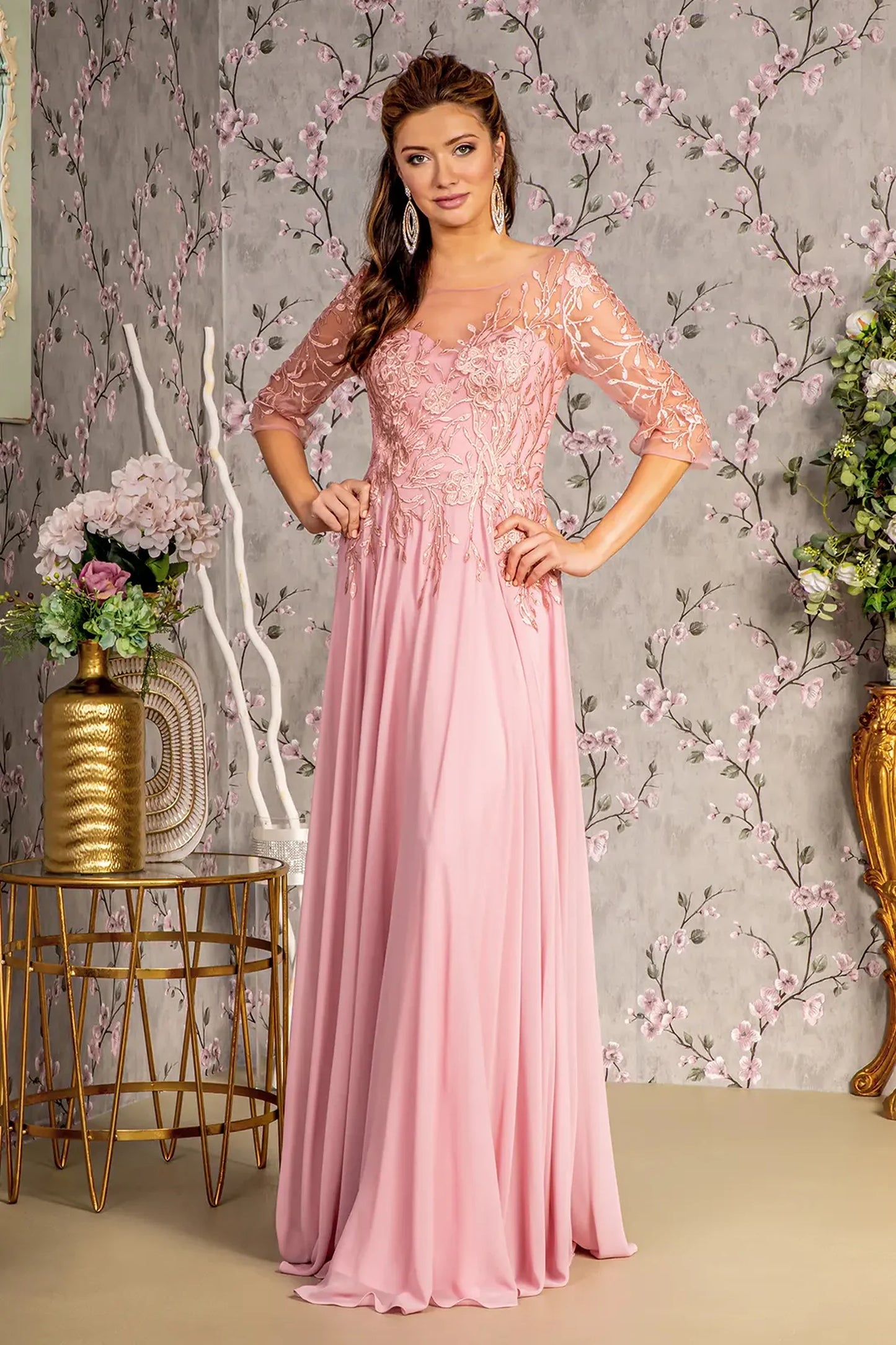 Dusty Rose chiffon a-line mother of the bride dress with boat-neck