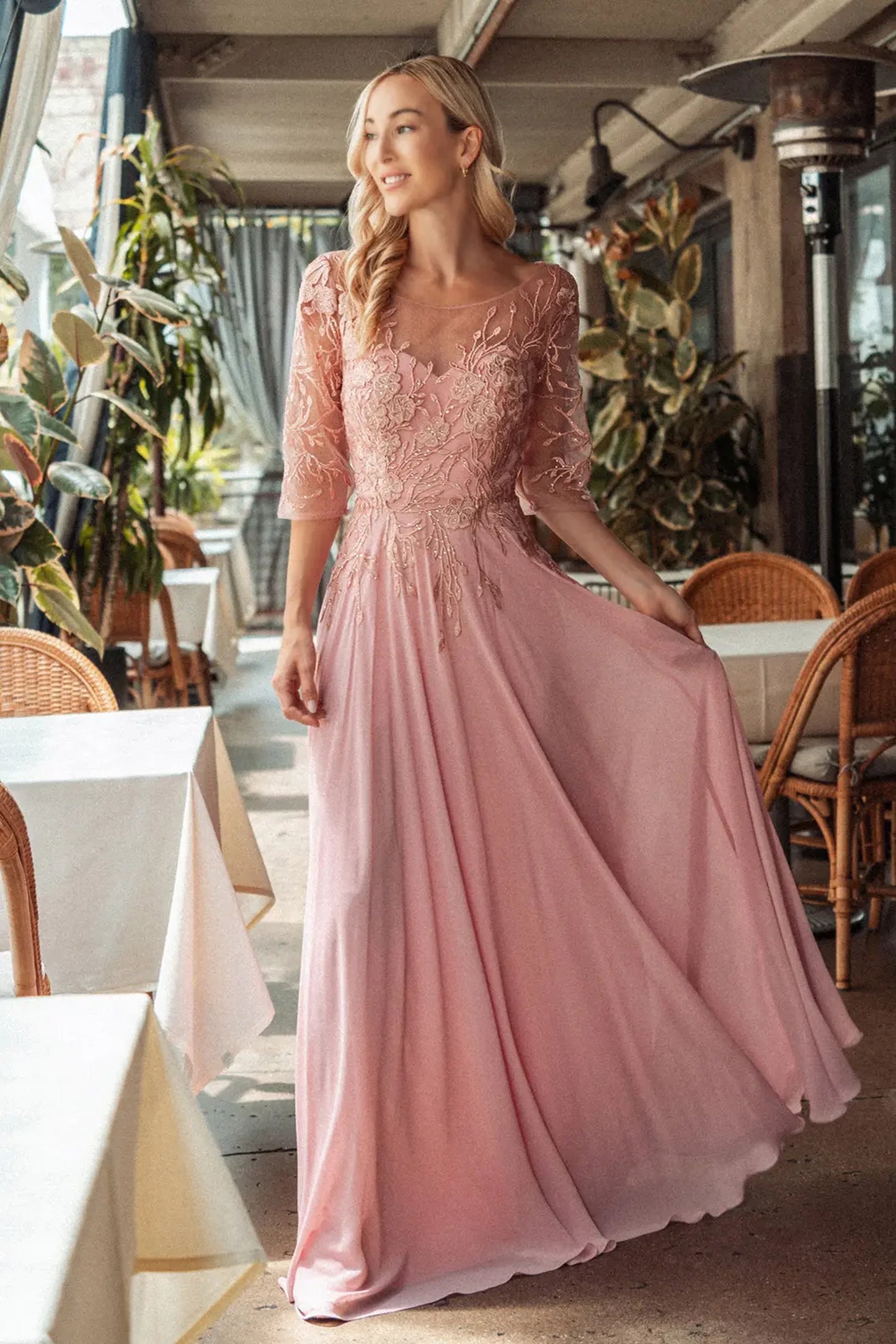 Dusty Rose mother of the bride dress featuring v-back with concealed zipper bodice finished with beads, embroidery