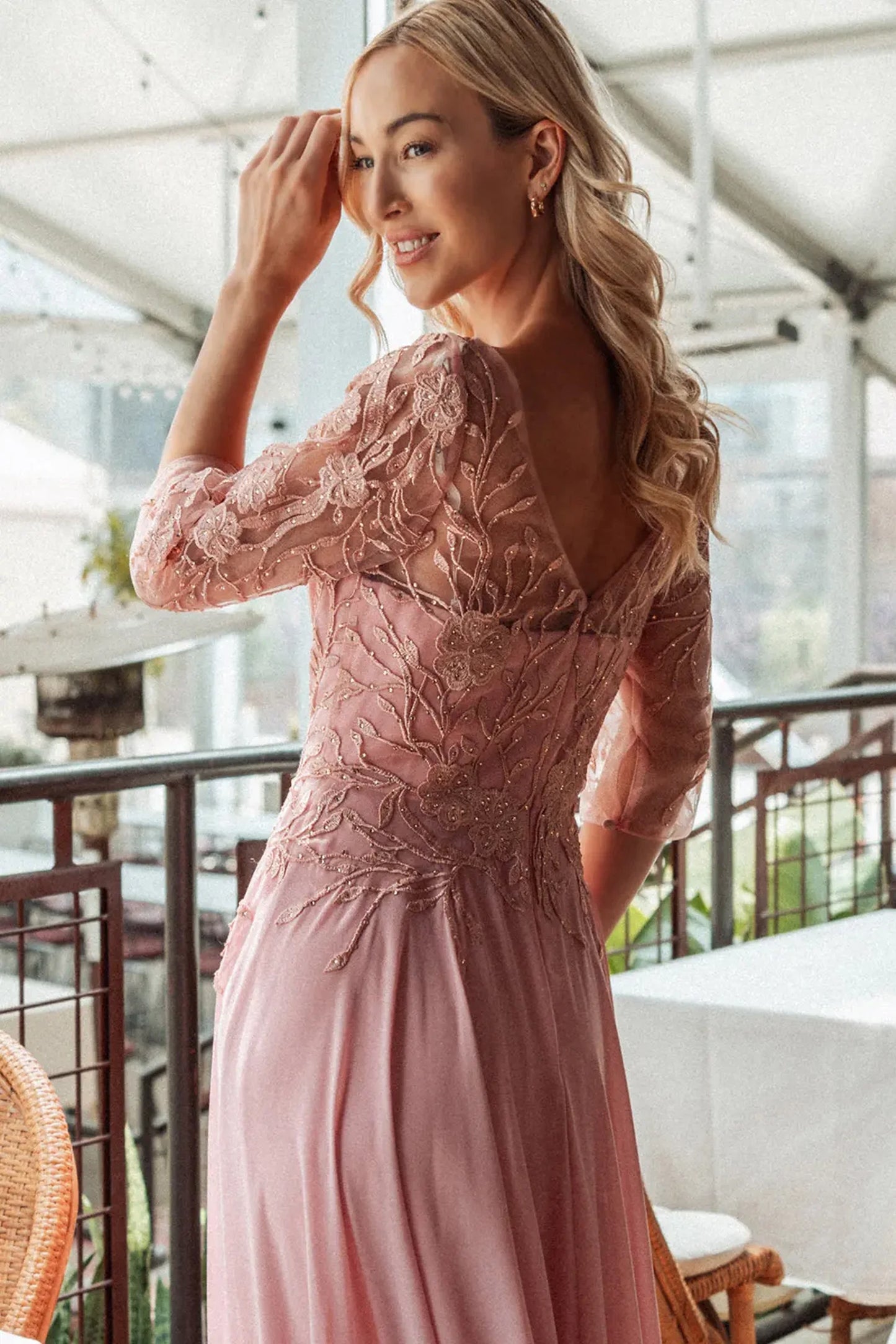 Dusty Rose mother of the bride dress featuring chiffon skirt with a-line shaping and beads, embroidery