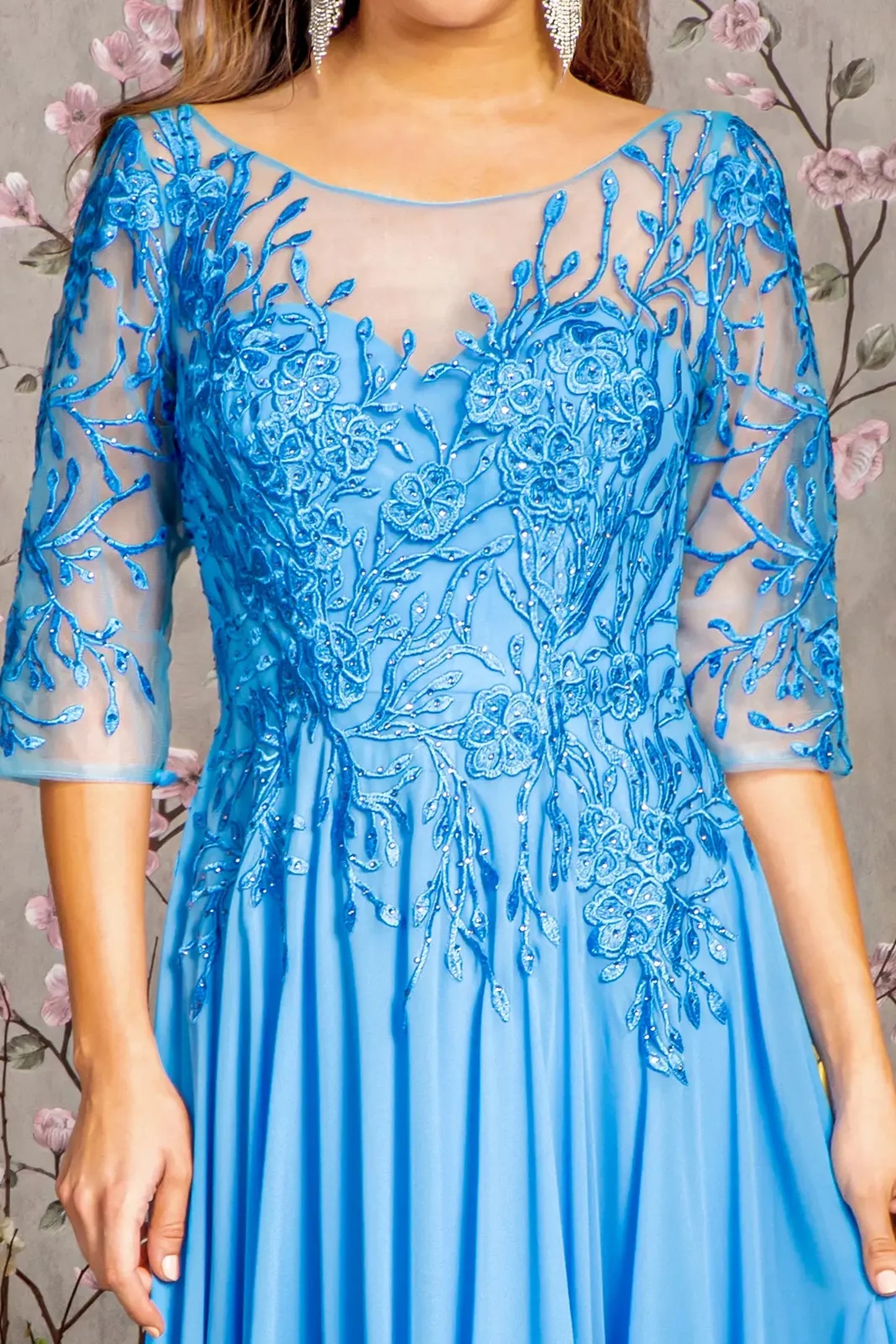 Perry Blue mother of the bride dress featuring boat-neck bodice with 3/4 sleeve and beads, embroidery