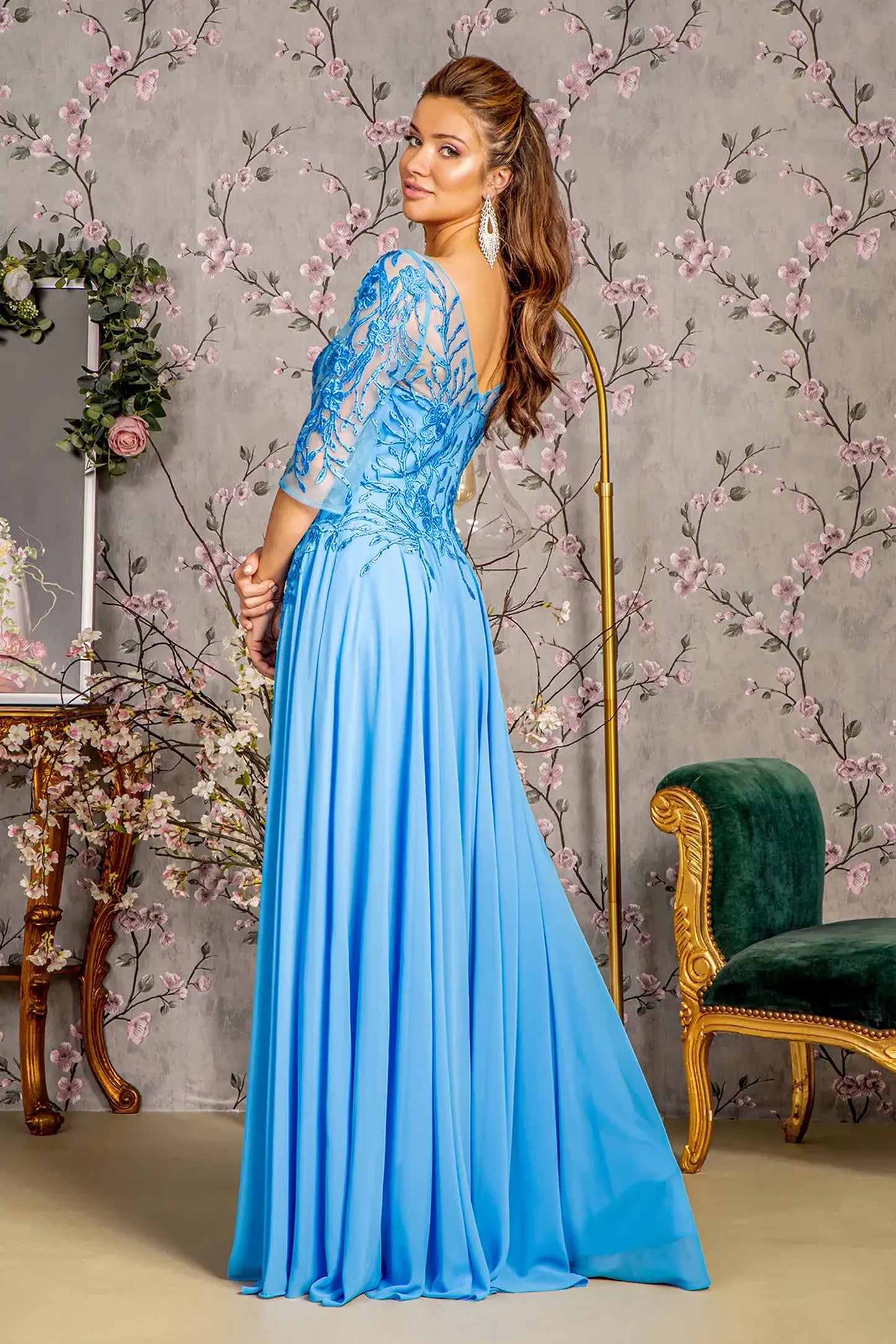Perry Blue a-line mother of the bride dress with v-back with concealed zipper and 3/4 sleeve