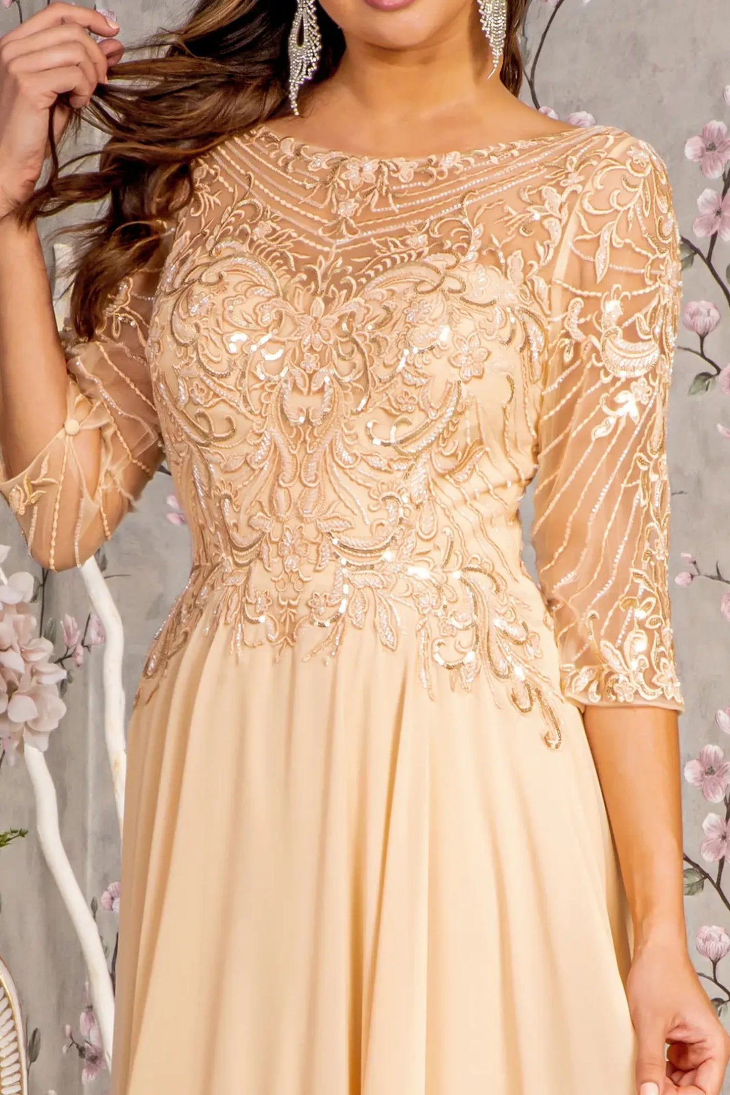 Champagne mother of the bride dress featuring boat-neck bodice with 3/4 sleeve and beads, embroidery, metallic, sequin