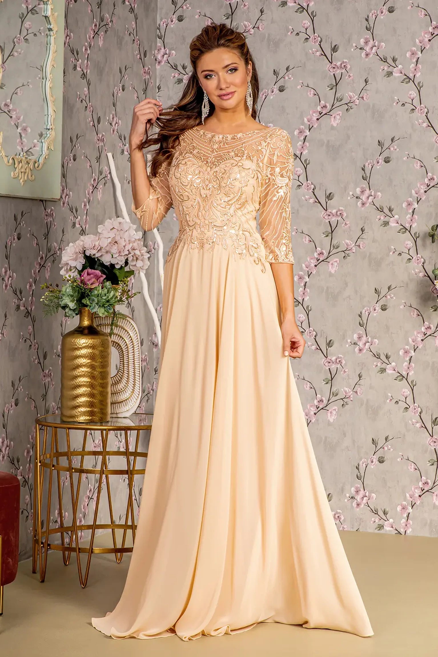 Champagne chiffon a-line mother of the bride dress with boat-neck