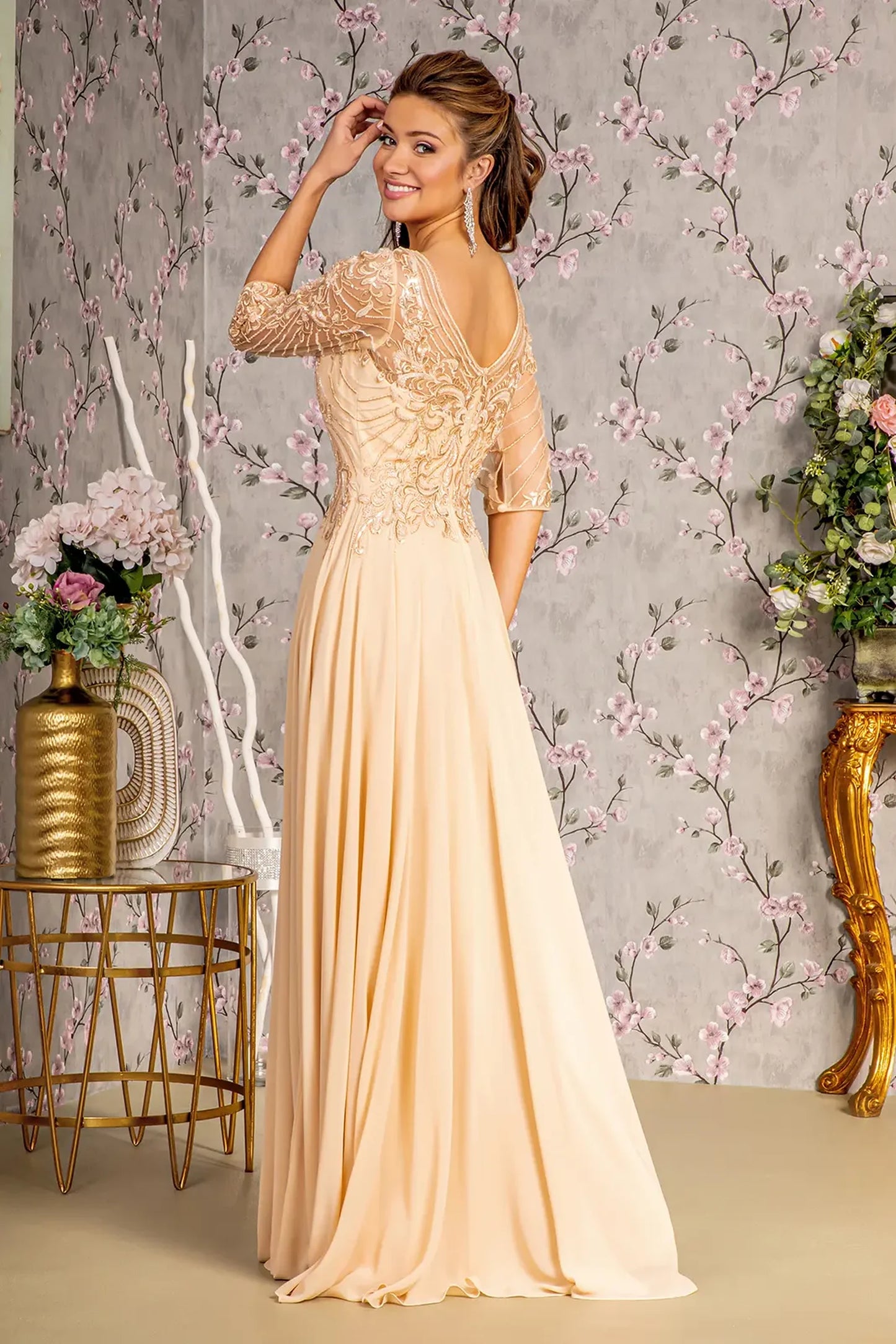 Champagne a-line mother of the bride dress with v-back with concealed zipper and 3/4 sleeve