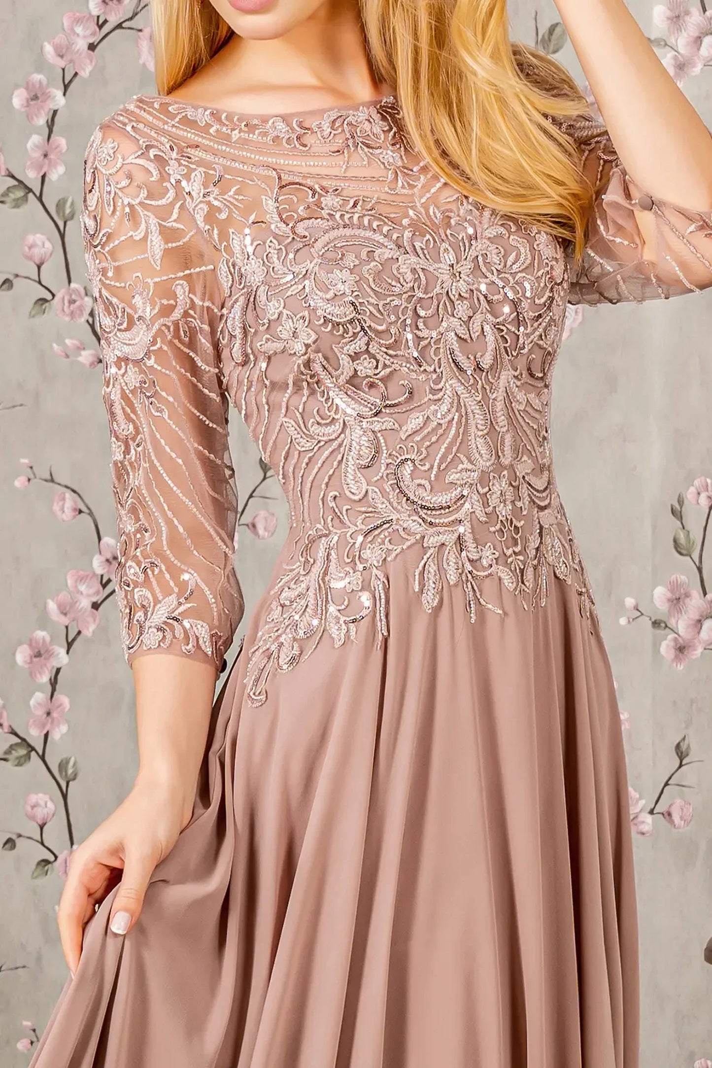 Mauve a-line mother of the bride dress with v-back with concealed zipper and 3/4 sleeve