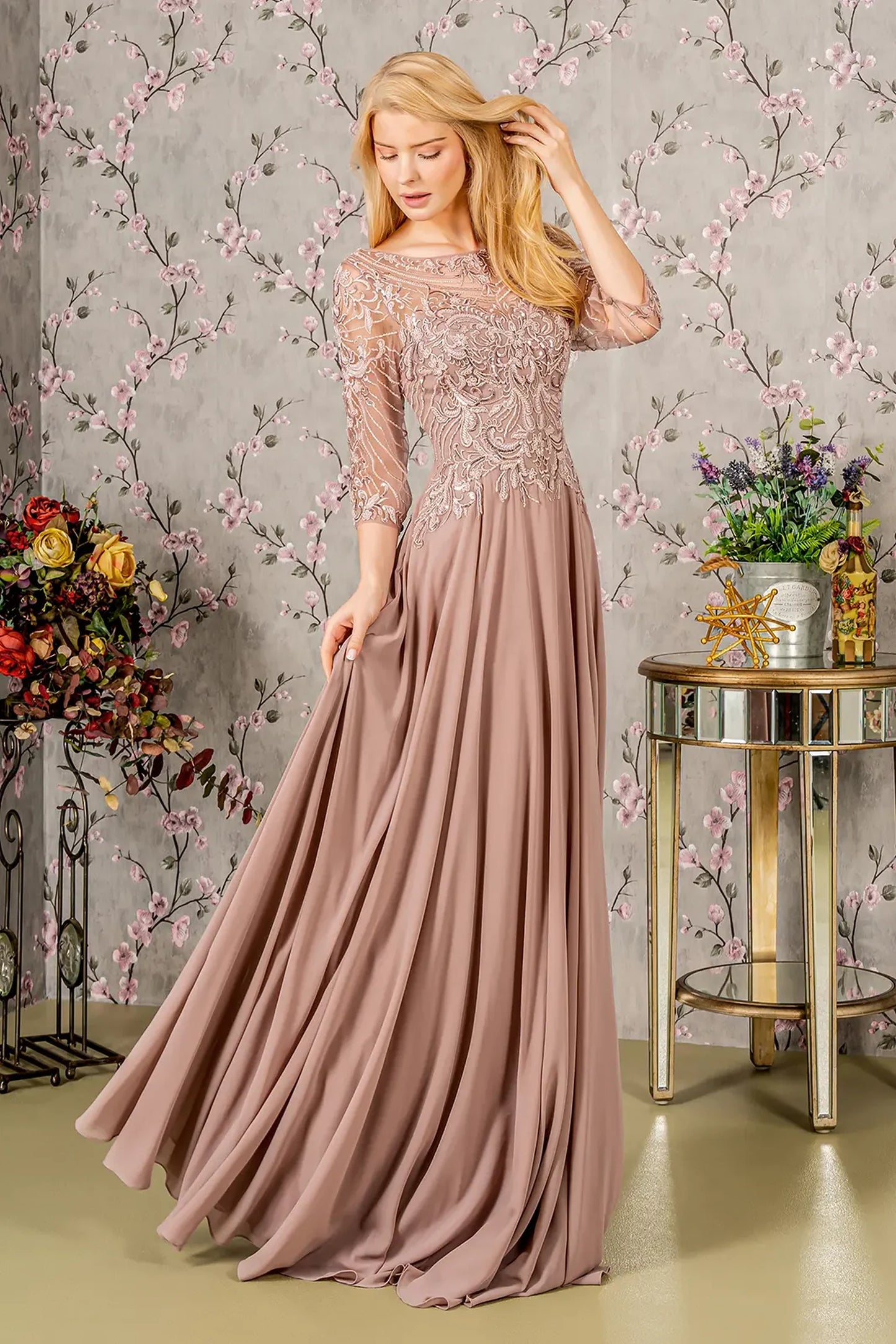 Mauve chiffon a-line mother of the bride dress with boat-neck