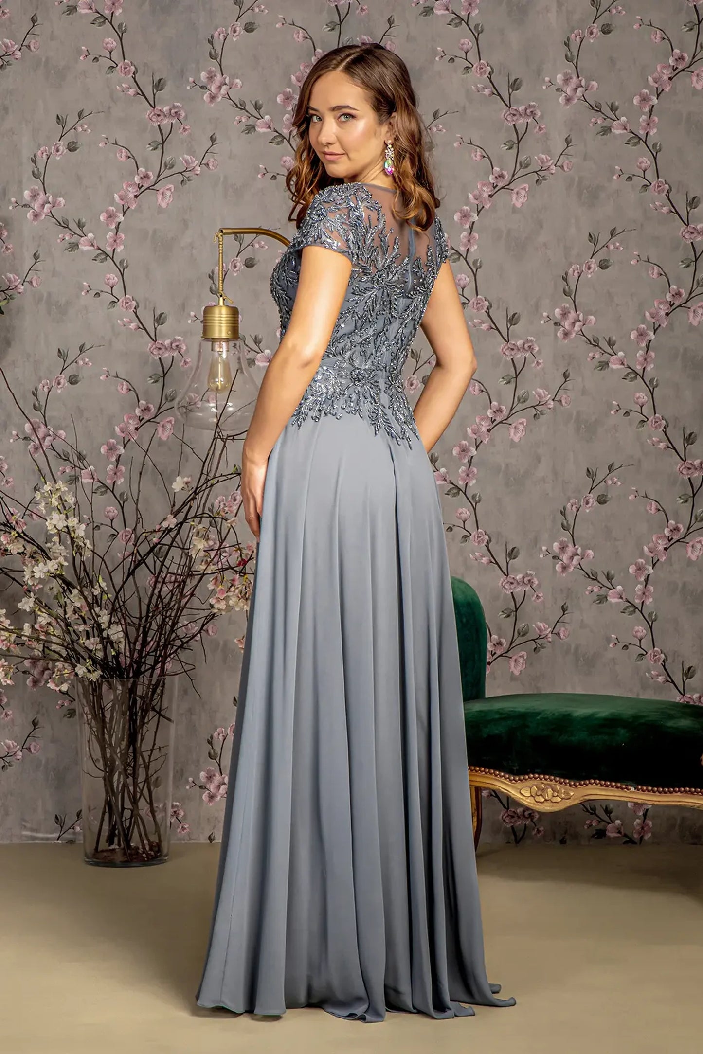 Charcoal a-line mother of the bride dress with concealed zipper back and short sleeve