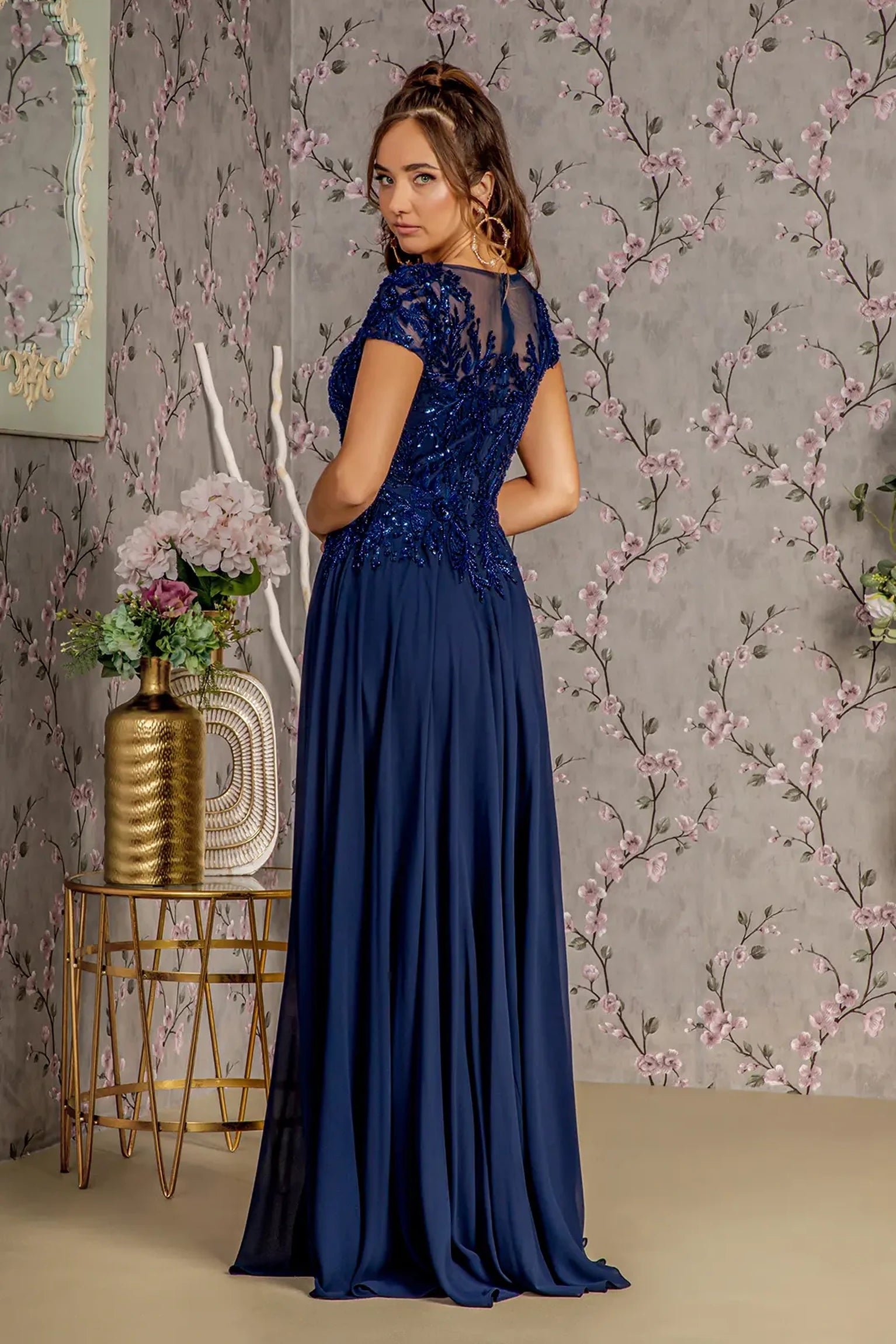 Navy a-line mother of the bride dress with concealed zipper back and short sleeve