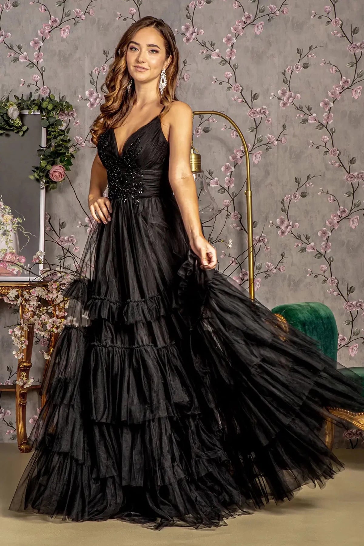 Black sequin prom evening dress full front
