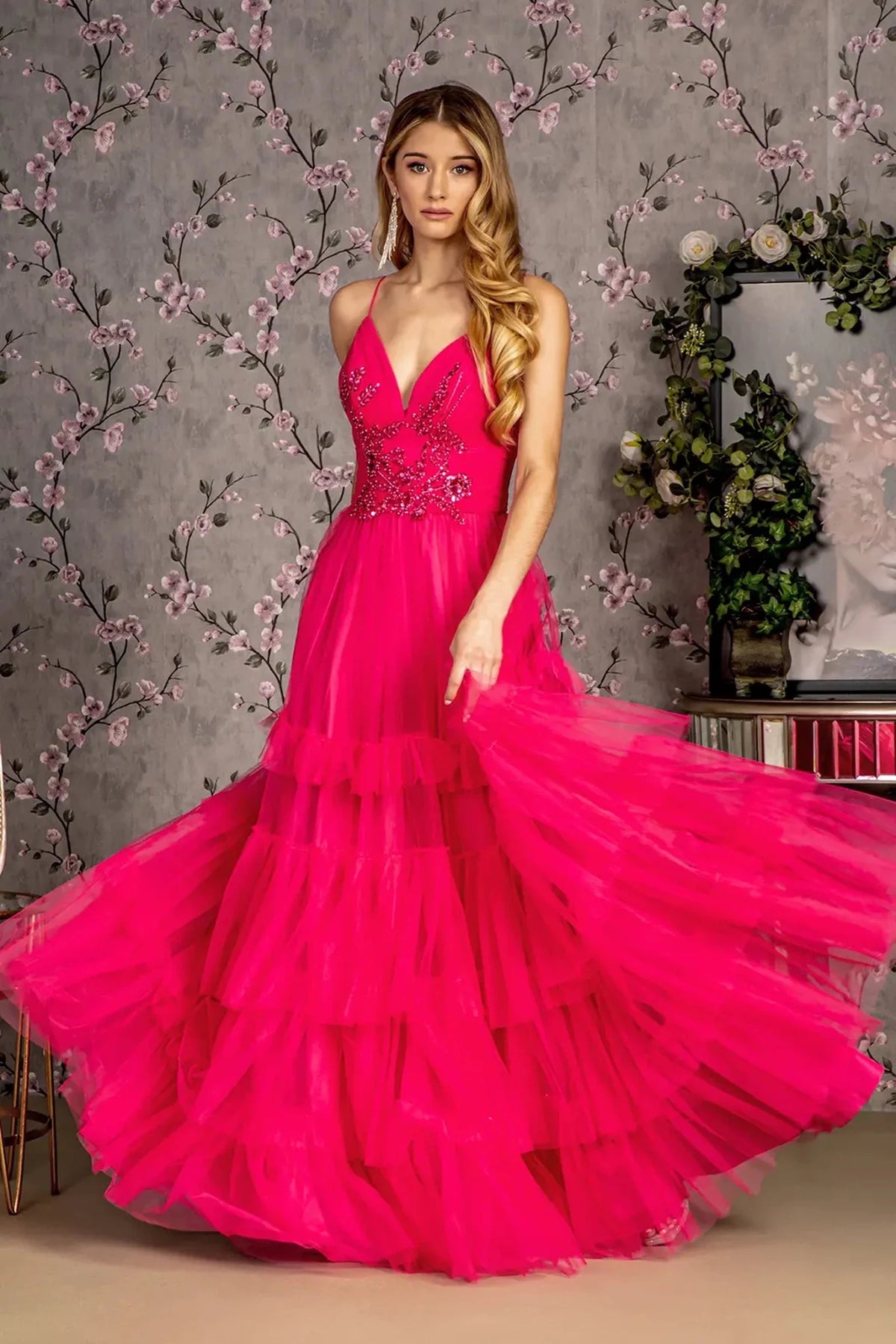 Fuchsia sequin prom evening dress full front