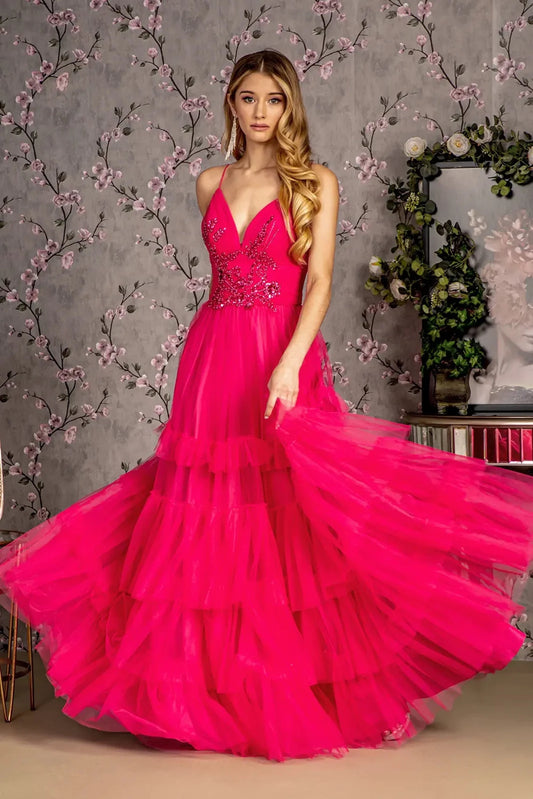 Full-length front view shows sequin styling on the Fuchsia prom evening dress.