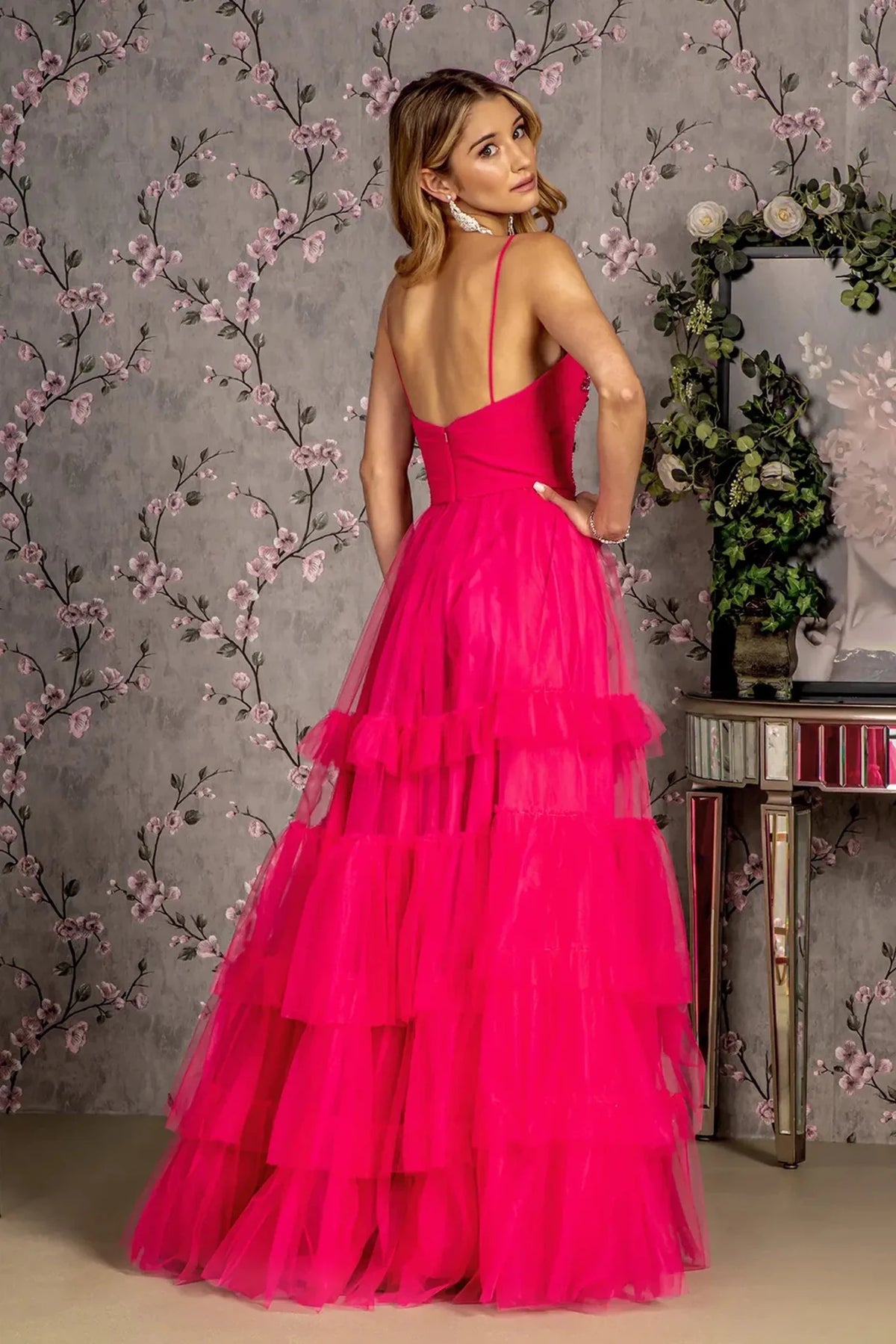 Fuchsia prom evening dress full back with open back