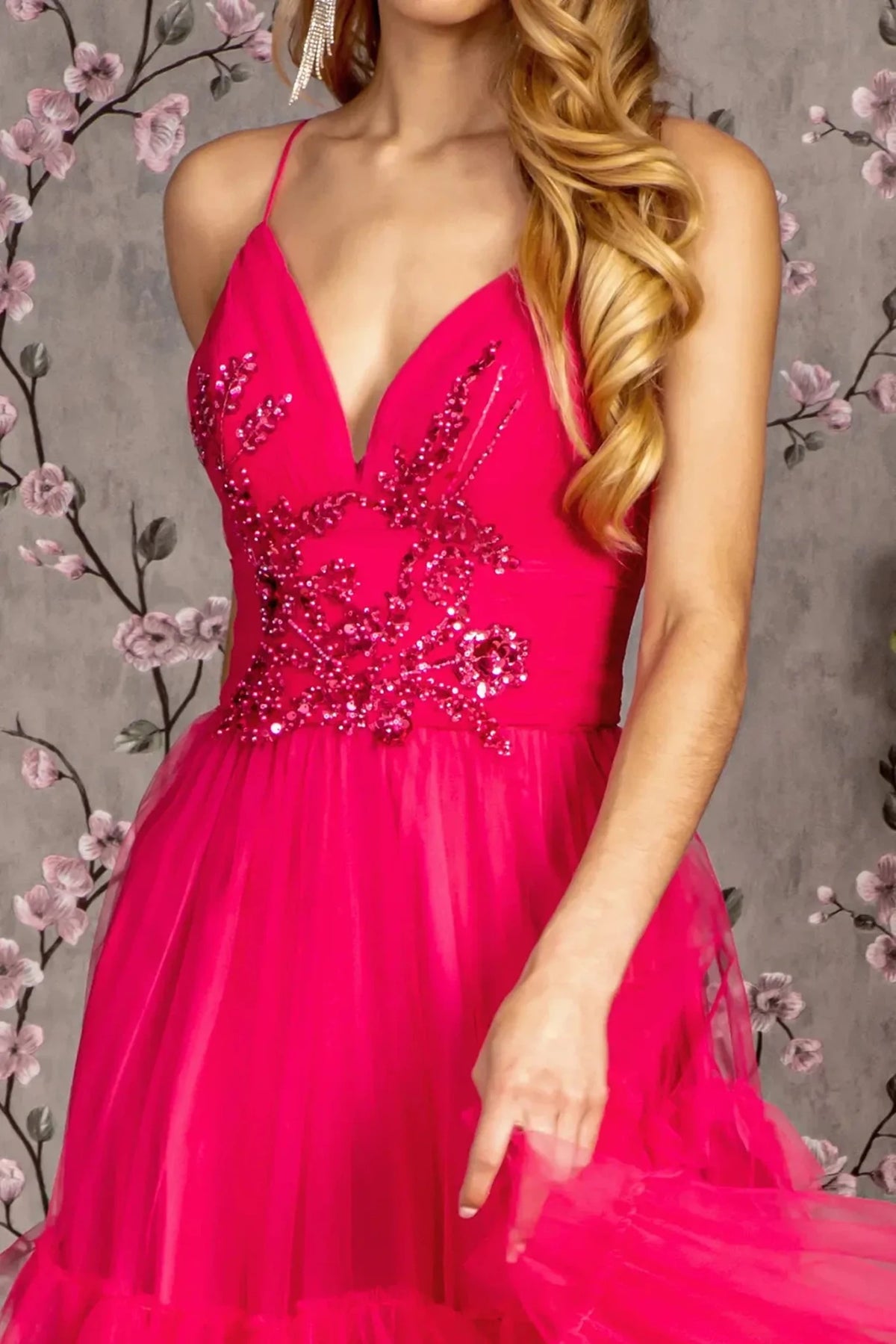 Fuchsia sweetheart prom evening dress upper front with beads, sequin