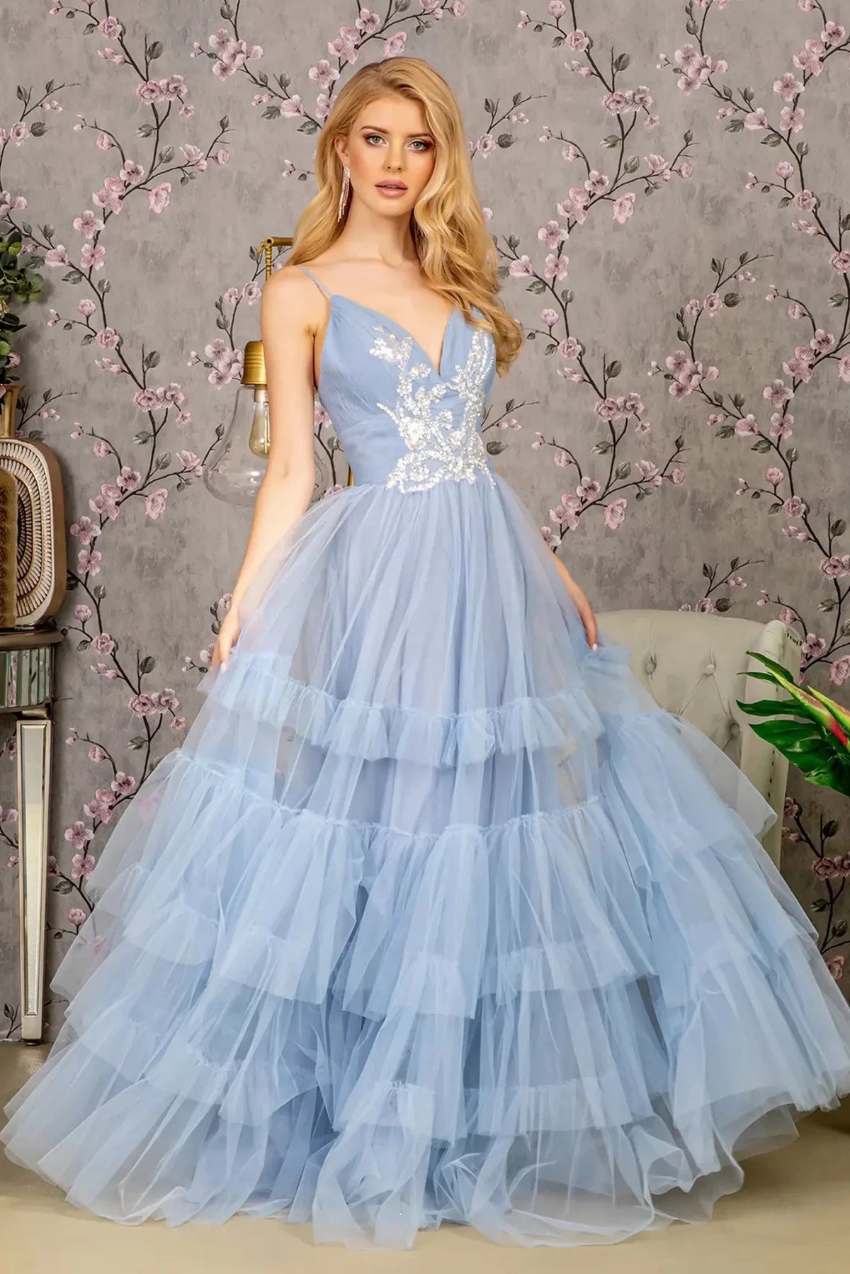 Perry Blue sequin prom evening dress full front