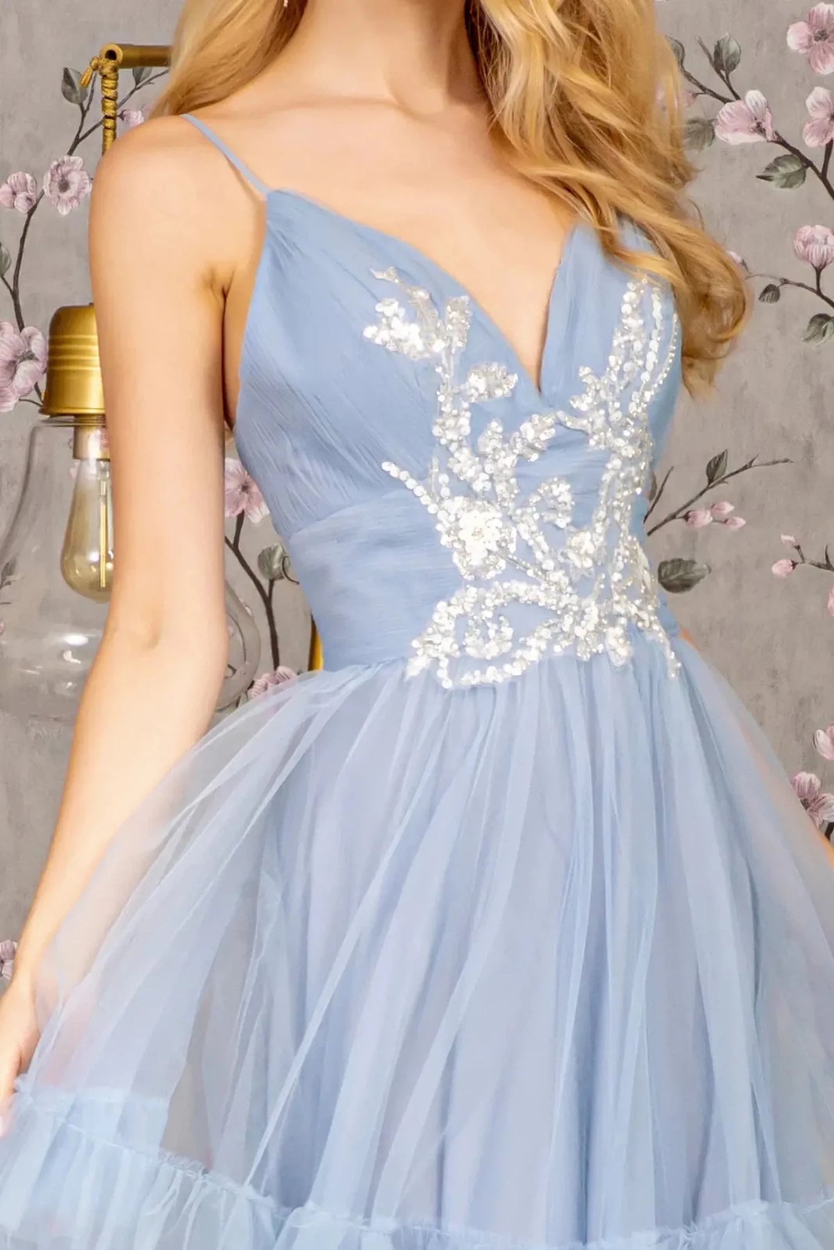 Perry Blue prom evening dress full back with open back