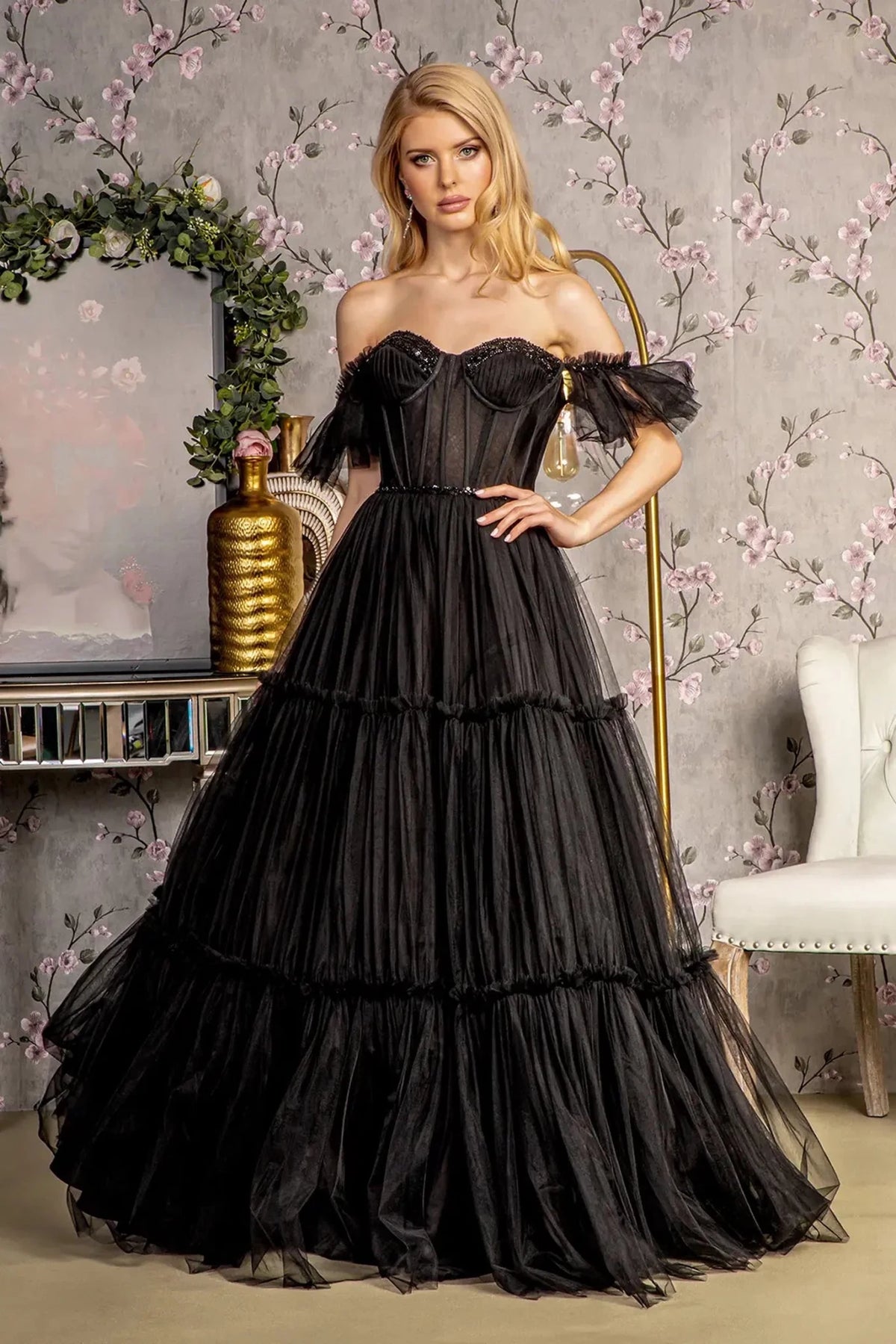 Black sequin off-shoulder prom evening dress full front