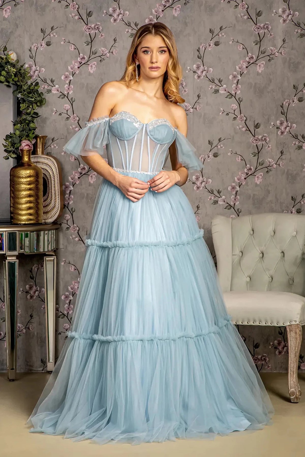 Smoky Blue sequin off-shoulder prom evening dress full front