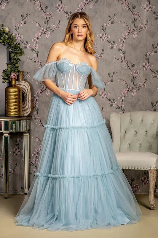 Full-length front view shows sequin off-shoulder styling on the Smoky Blue prom evening dress.