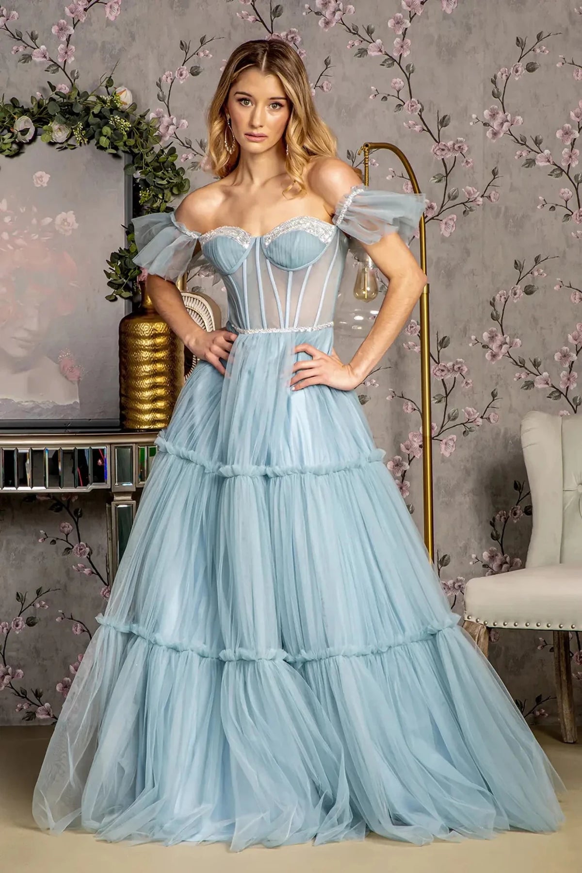 Smoky Blue prom evening dress full back with lace-up back