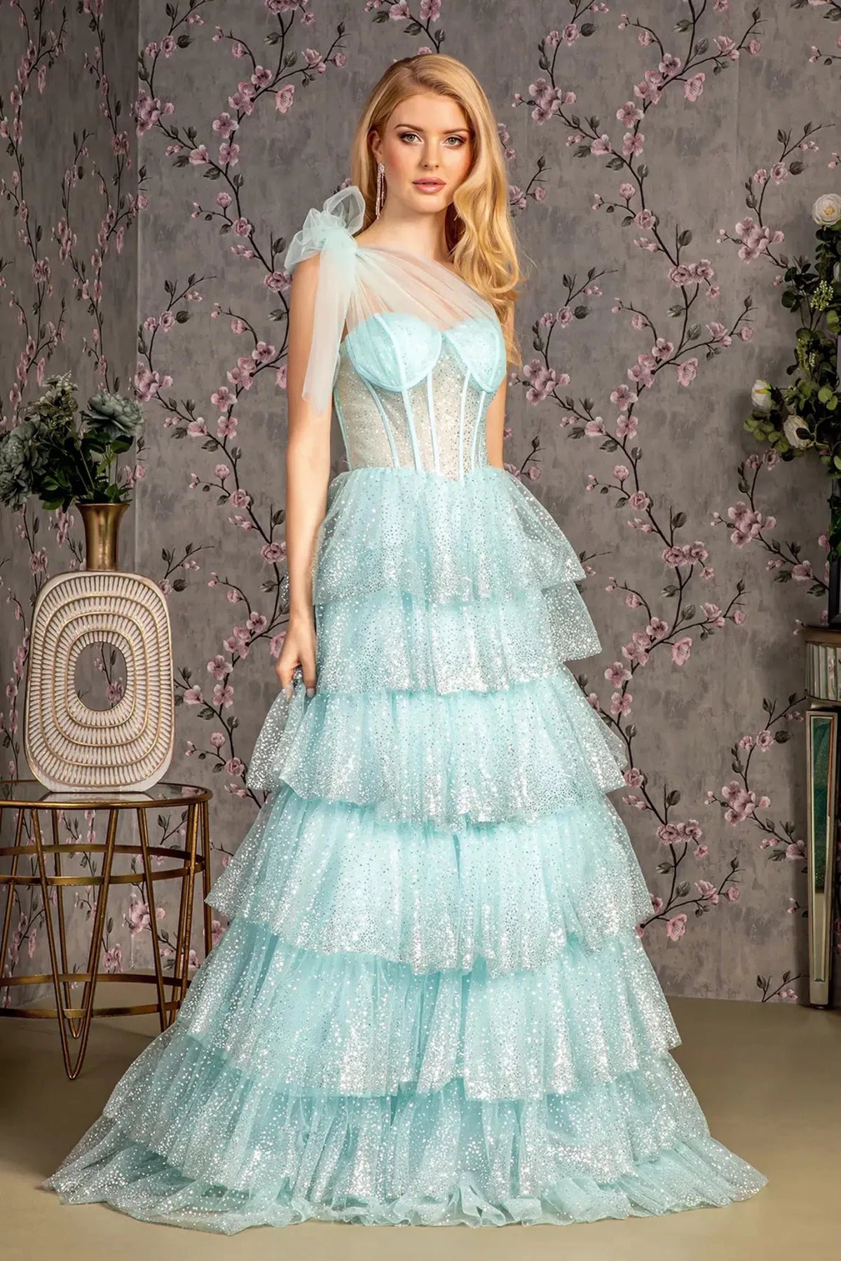 Baby Blue glitter prom evening dress full front
